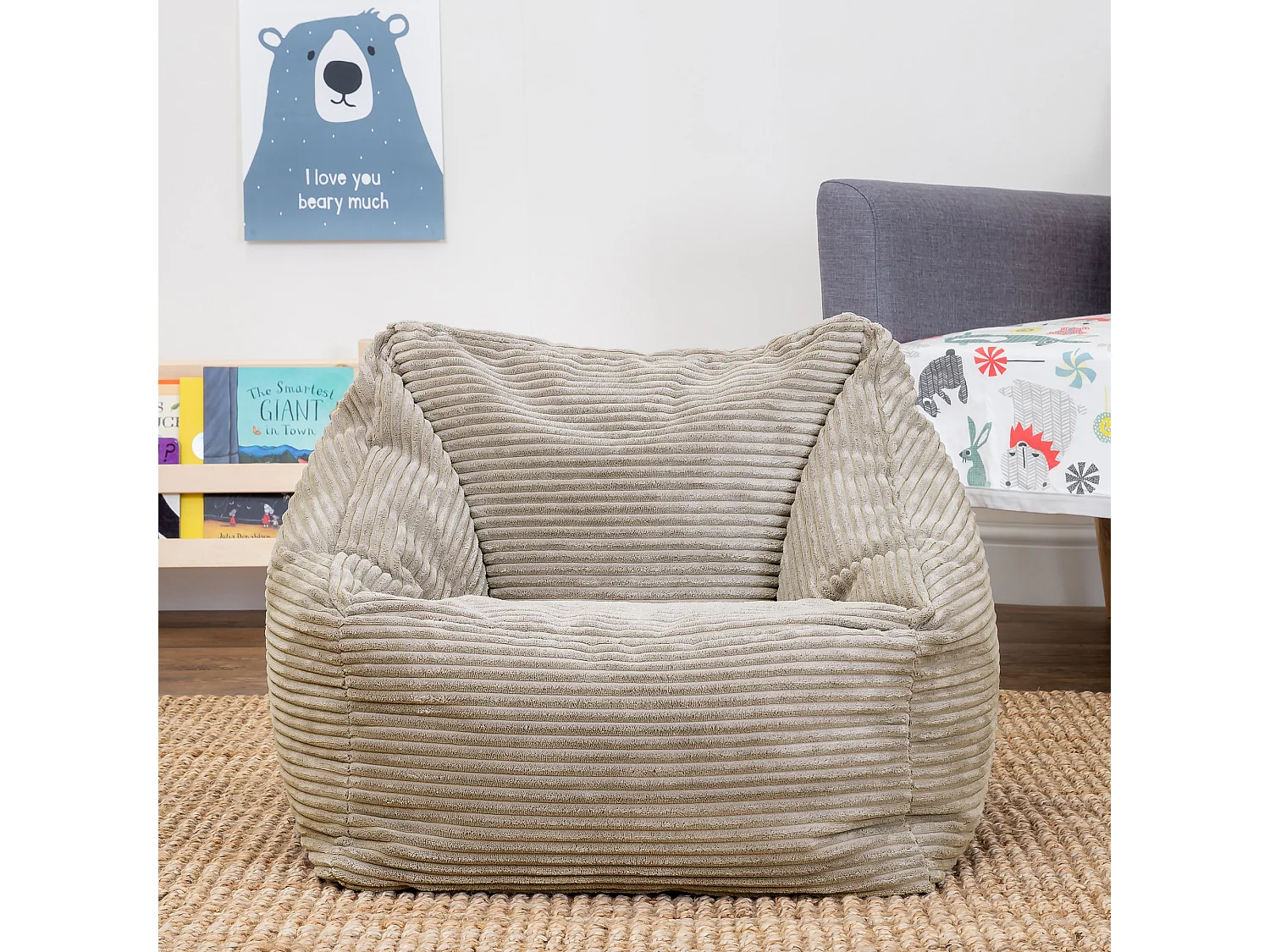 Pouf fauteuil enfant velours côtelé beige galet - MORGAN