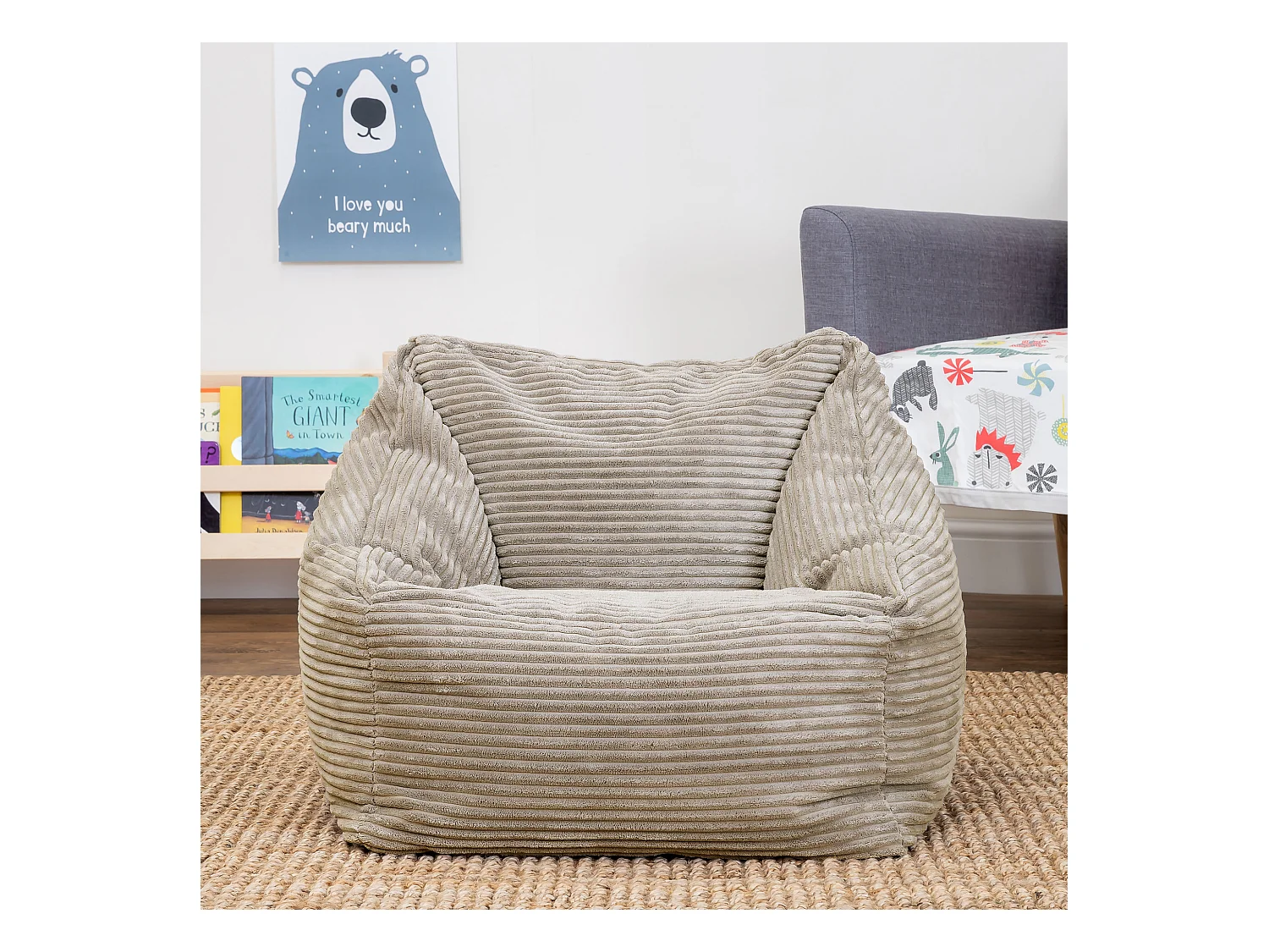 Pouf fauteuil enfant velours côtelé beige galet - MORGAN