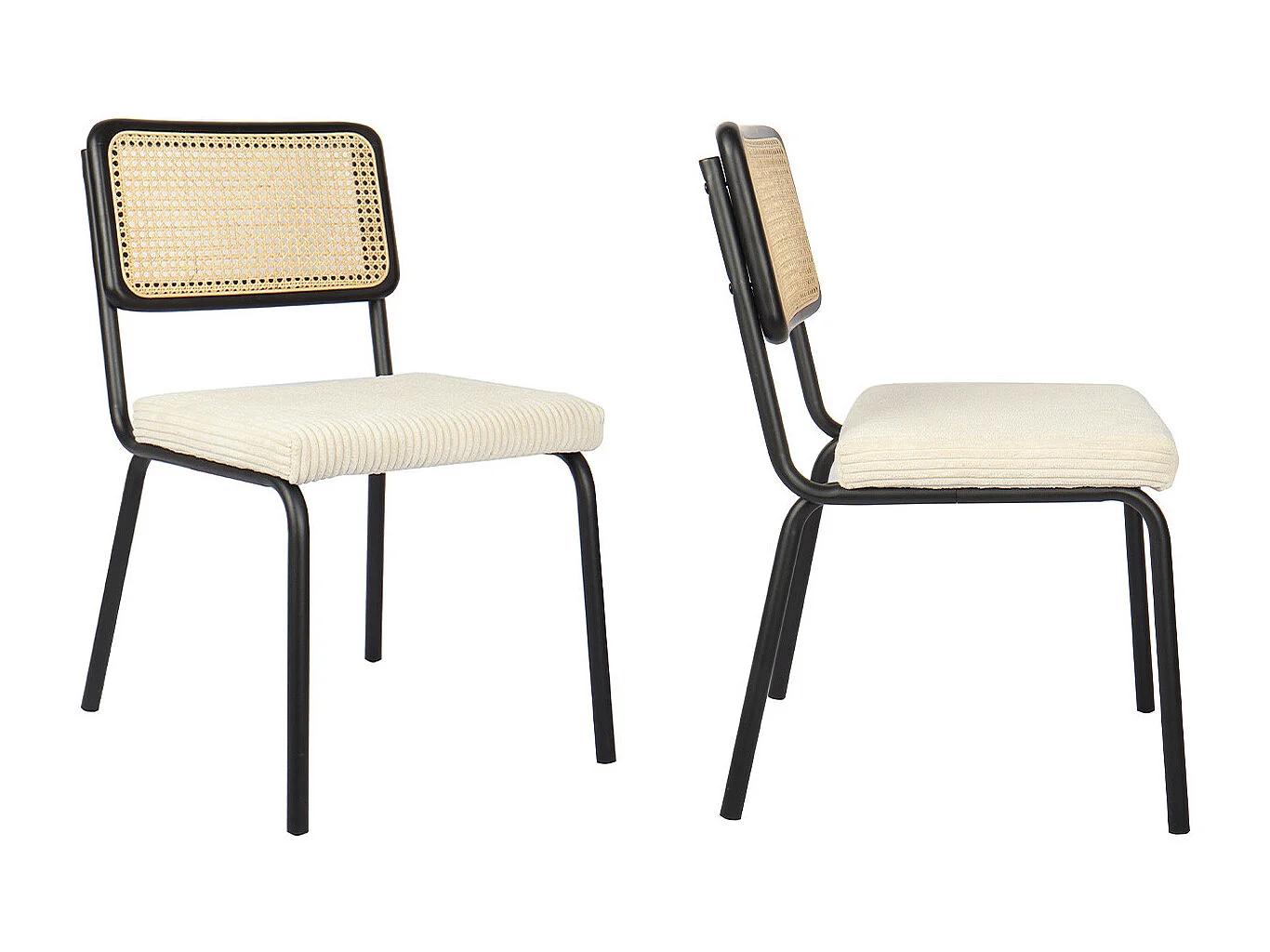 Lot de 2 chaises en métal et bois noir, cannage naturel et velours côtelé beige - Paula
