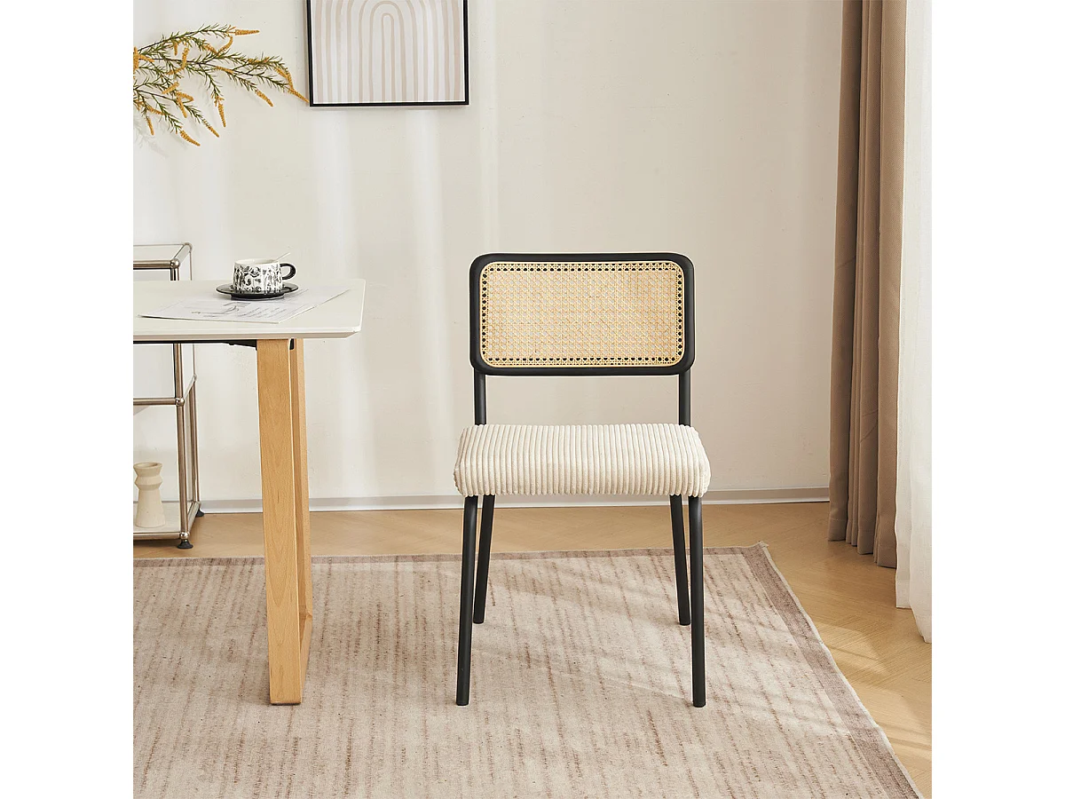 Lot de 2 chaises en métal et bois noir, cannage naturel et velours côtelé beige - Paula