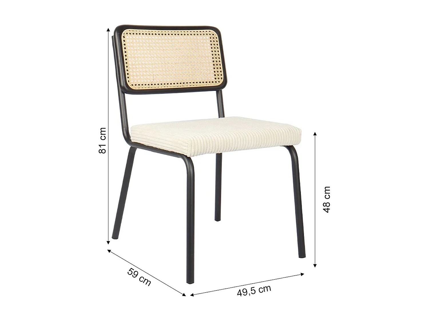 Lot de 2 chaises en métal et bois noir, cannage naturel et velours côtelé beige - Paula