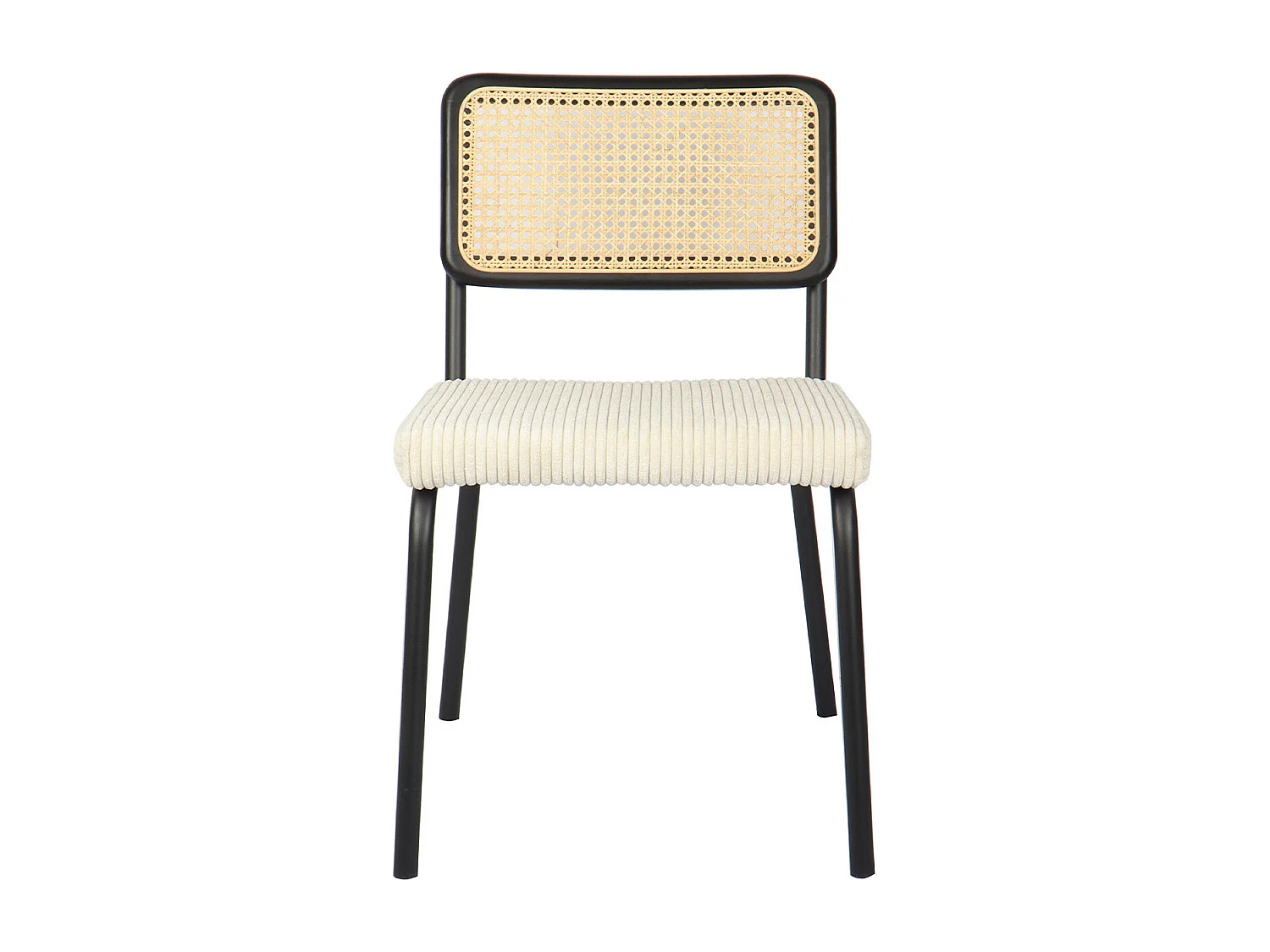 Lot de 2 chaises en métal et bois noir, cannage naturel et velours côtelé beige - Paula