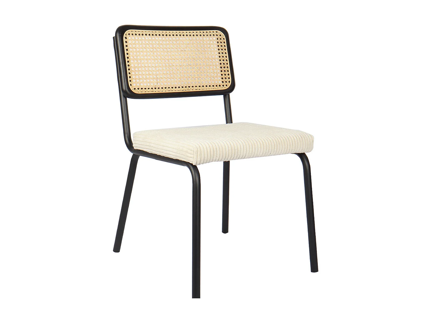 Lot de 2 chaises en métal et bois noir, cannage naturel et velours côtelé beige - Paula