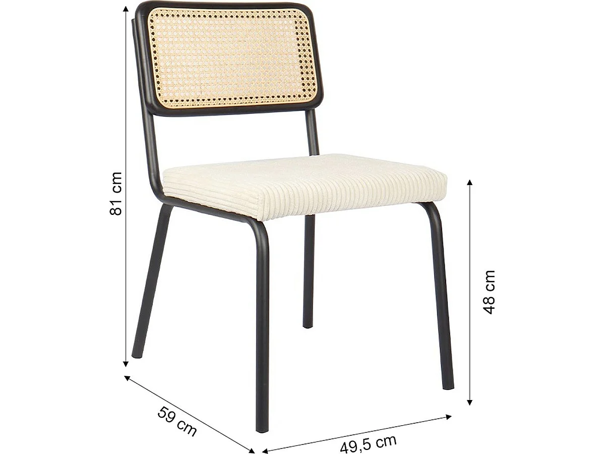 Lot de 2 chaises en métal et bois noir, cannage naturel et velours côtelé beige - Paula