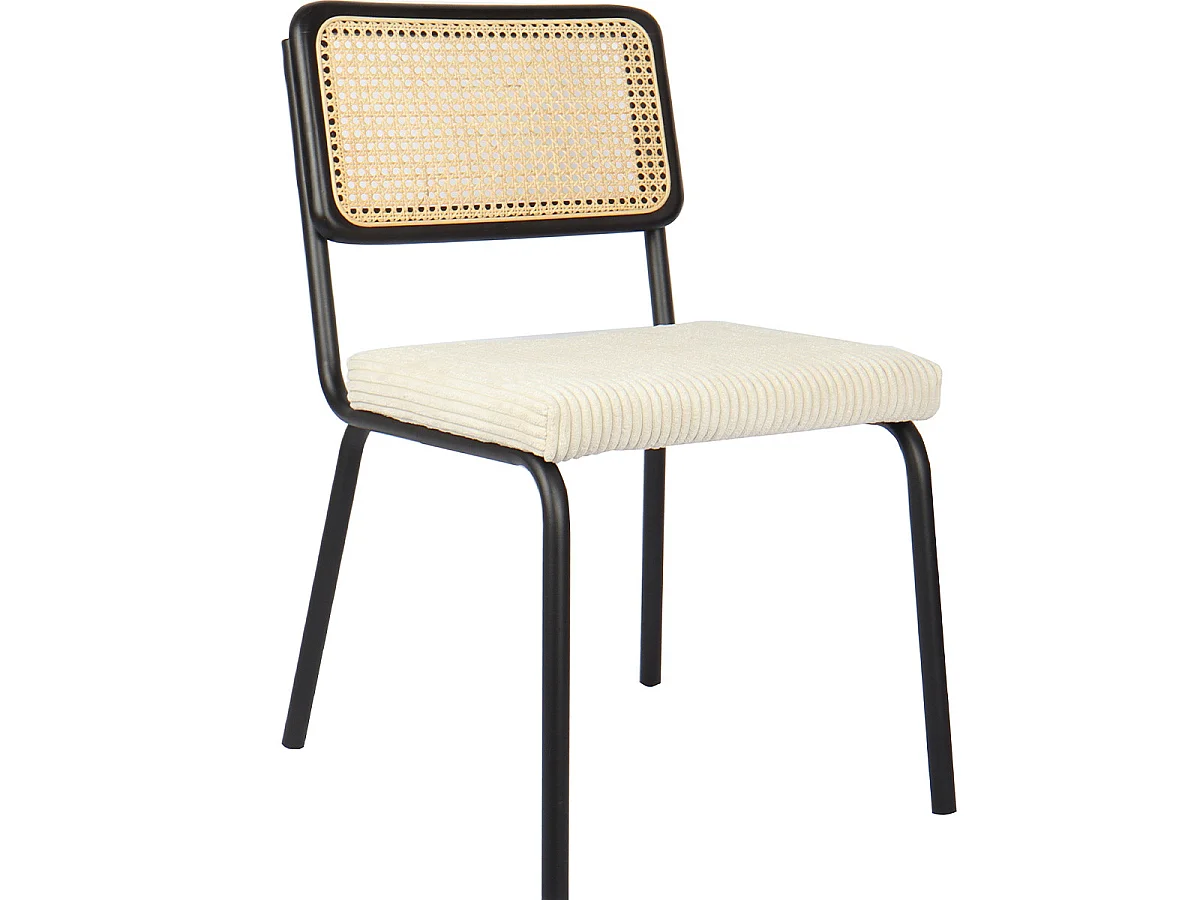 Lot de 2 chaises en métal et bois noir, cannage naturel et velours côtelé beige - Paula
