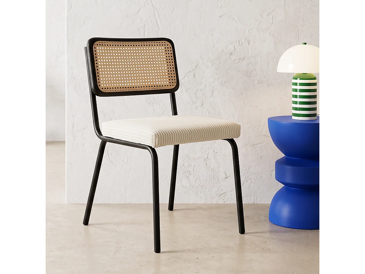 Lot de 2 chaises en métal et bois noir, cannage naturel et velours côtelé beige - Paula