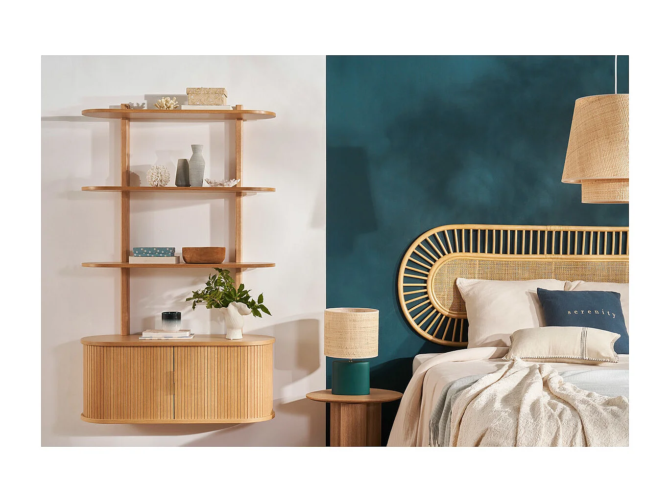 Bibliothèque murale en bois clair chêne avec rangement 2 portes coulissantes L90 cm EPIC