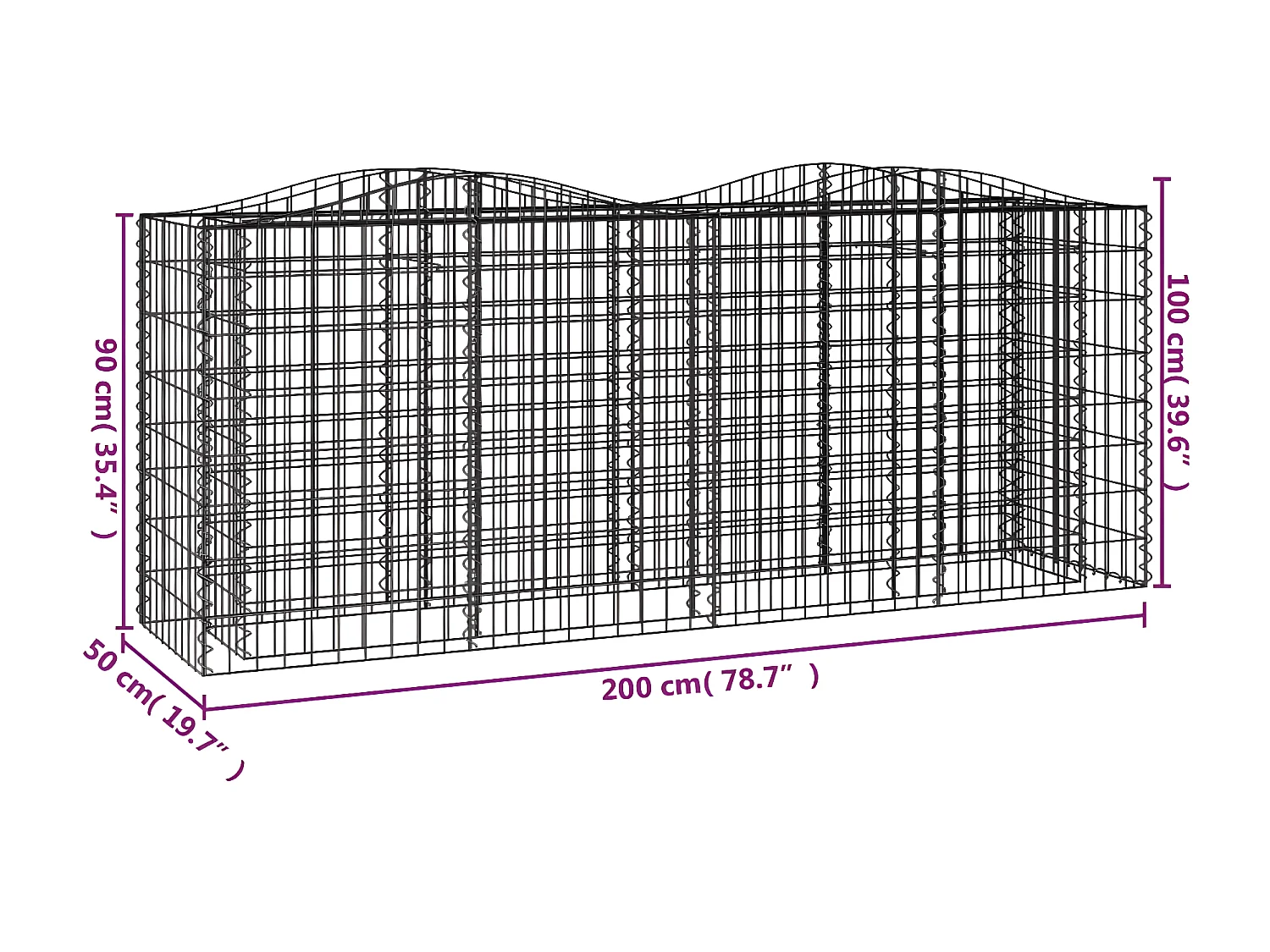Lit surélevé à gabions arqué 200x50x100 cm Fer galvanisé