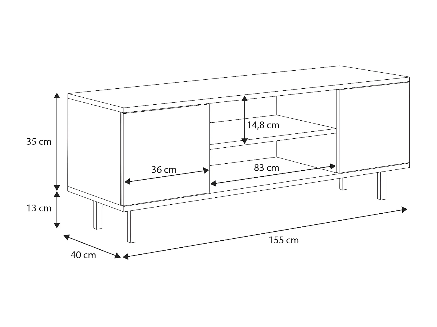 Meuble TV Aylana 155 cm blanc avec pieds noirs
