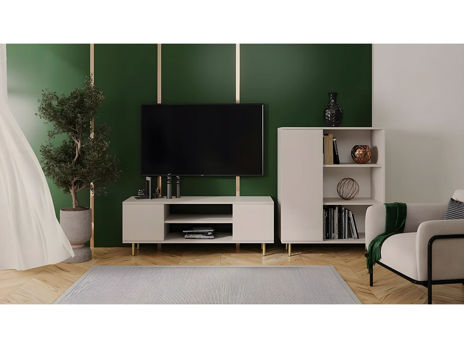 Meuble TV Alennas 155 cm blanc avec pieds dorés