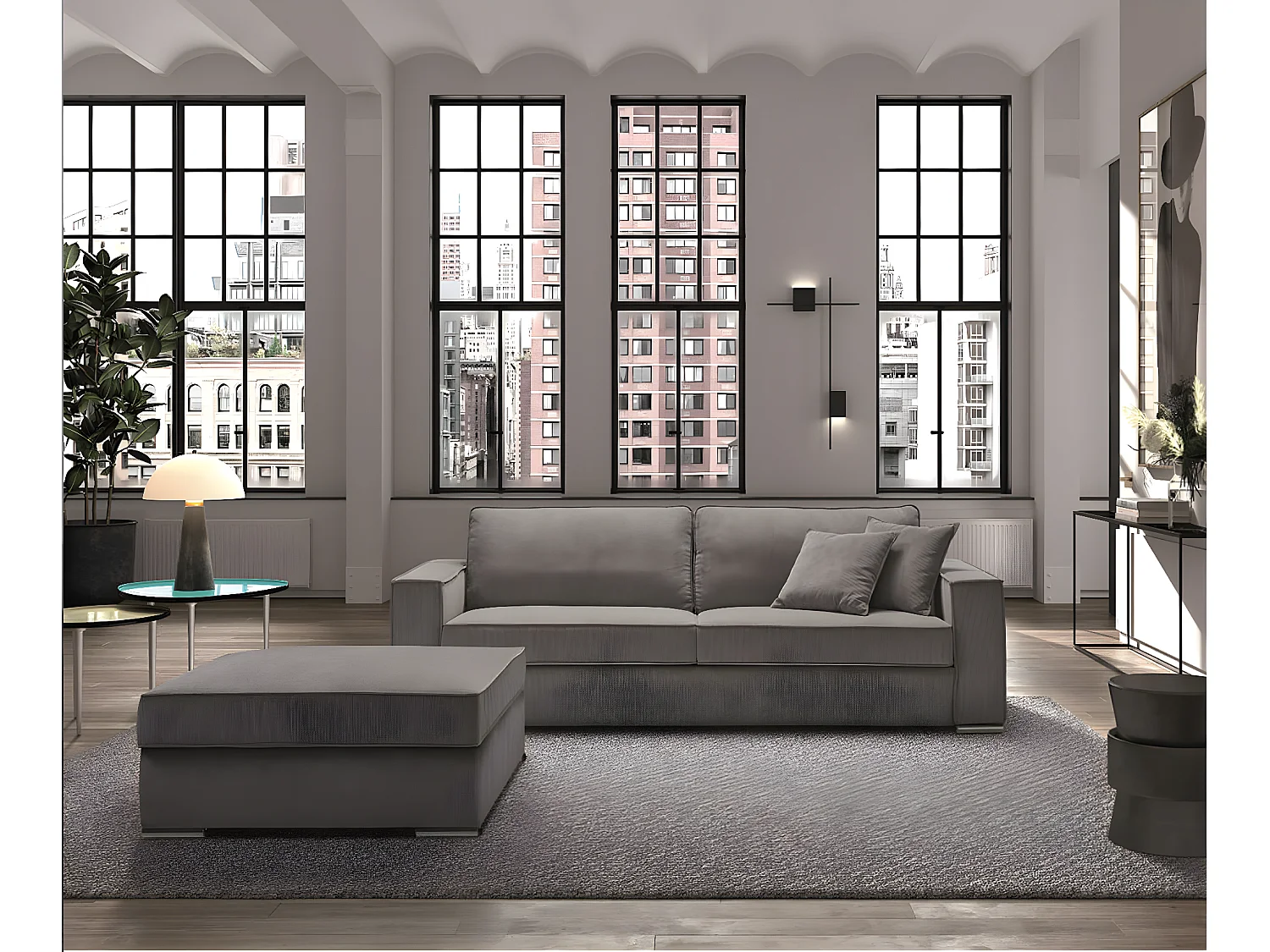 Canapé fixe velours côtelé avec 2 Coussins Kleman-Couleur Blanc-1 place pouf