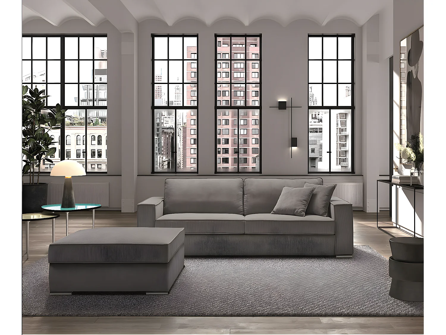 Canapé fixe velours côtelé avec 2 Coussins Kleman-Couleur Gris foncé-2 places