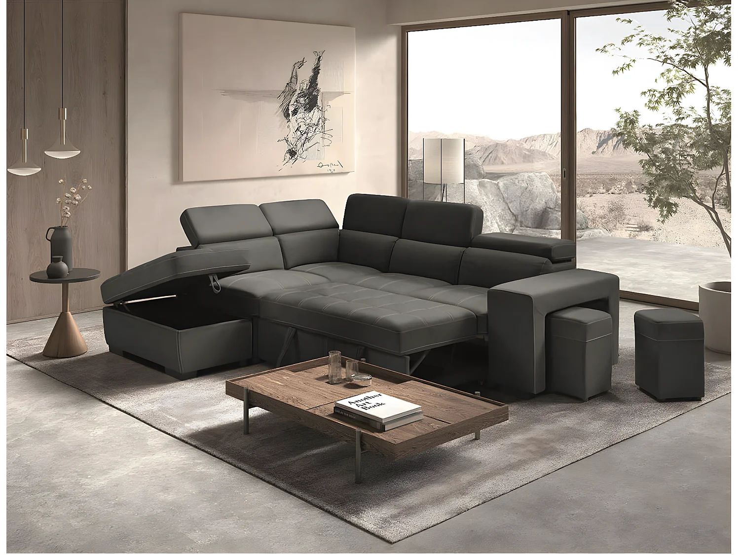 Canapé d'angle en microfibre avec 2 poufs et 1 coffre Selina-Couleur Gris foncé-angle gauche