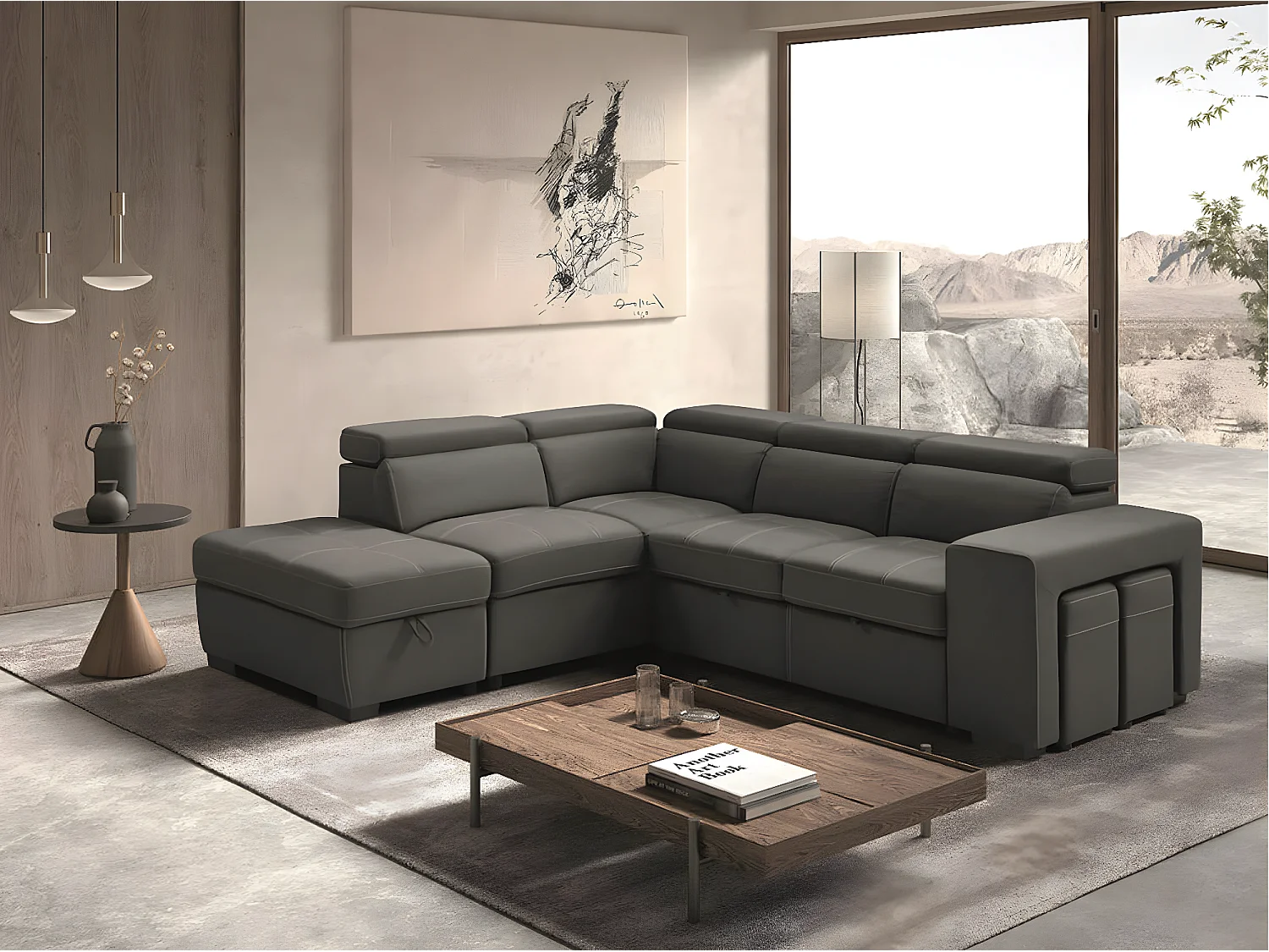 Canapé d'angle en microfibre avec 2 poufs et 1 coffre Selina-Couleur Gris foncé-angle gauche