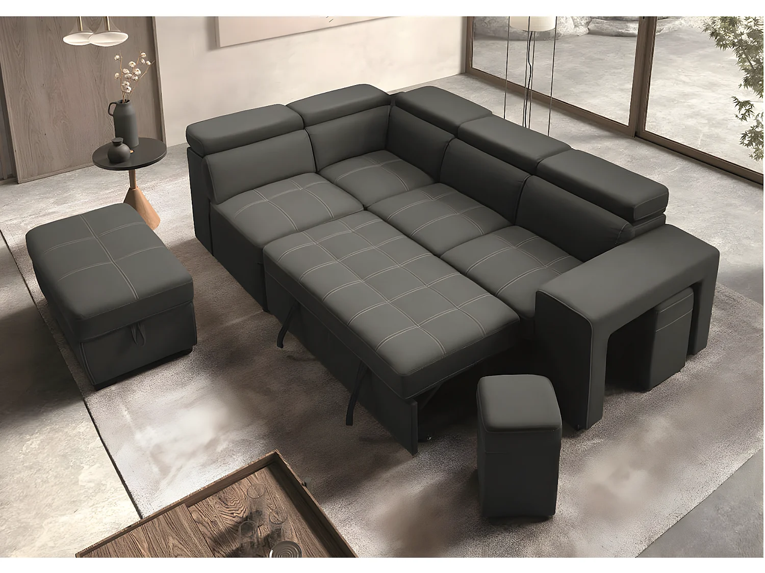 Canapé d'angle en microfibre avec 2 poufs et 1 coffre Selina-Couleur Gris foncé-angle gauche