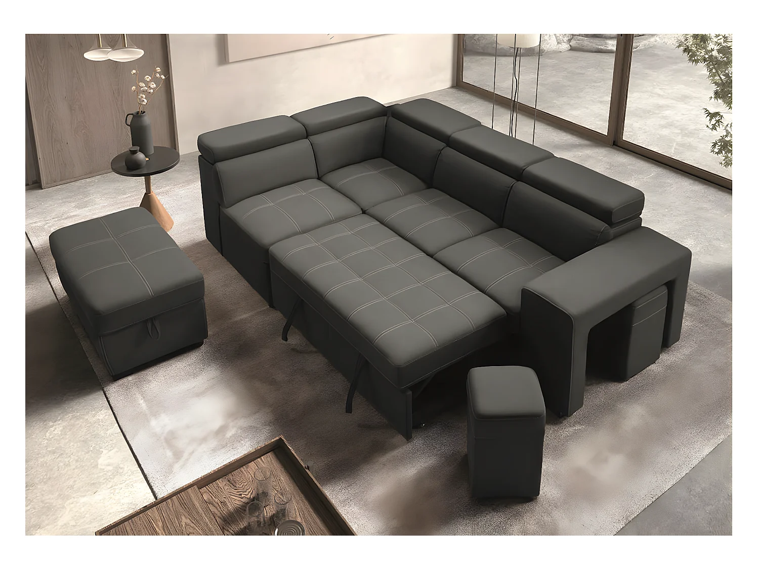Hoekbank van microvezel met 2 poefs en 1 Selina ladekast-Kleur Donkergrijs-linkerhoek