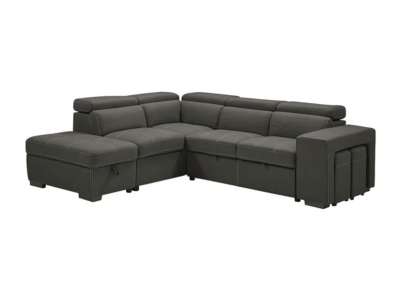 Canapé d'angle en microfibre avec 2 poufs et 1 coffre Selina-Couleur Gris foncé-angle gauche