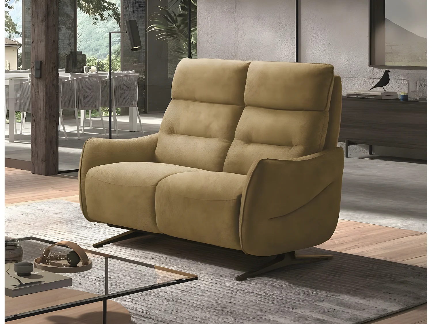 Canapé de relaxation en microfibre Kondonia-Couleur Jaune moutarde-Système Electrique-2 places