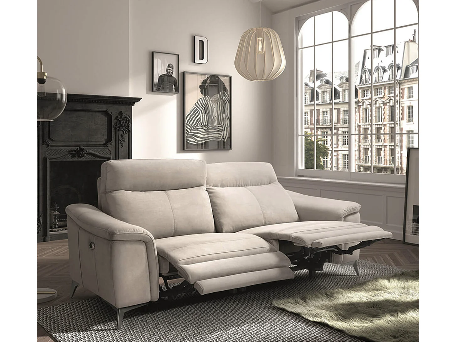 Canapé microfibre Kuiza-Beige clair-3 places relax électrique