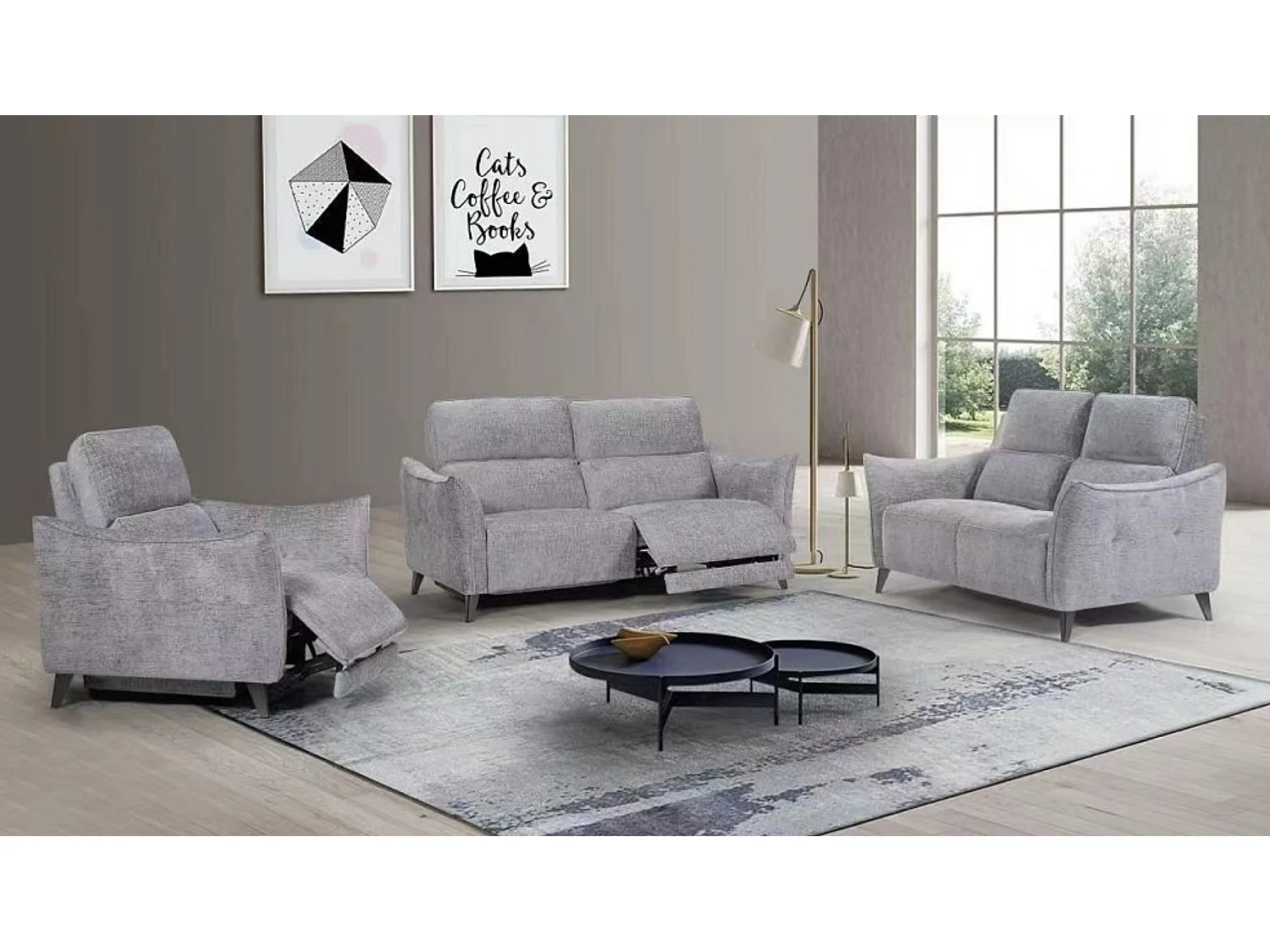 Canapé tissu chenillé doux et moelleux Bakay-Gris clair-3 places relax électrique