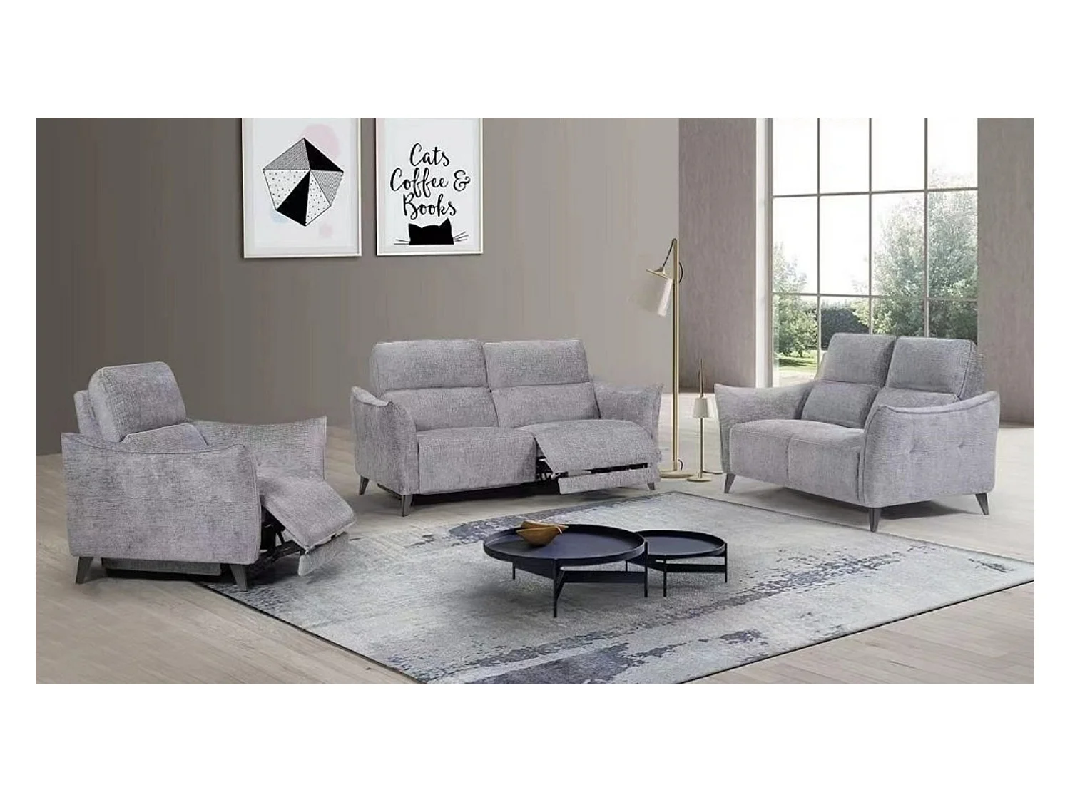 Bakay elektrische relaxbank van zacht en pluche chenillestof-Kleur Lichtgrijs-Aantal plaatsen) 3-zits elektrische relax