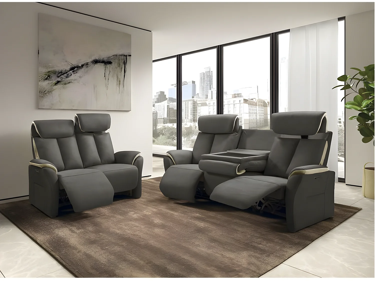 Canapé de relaxation en nubuck Kondort-Gris foncé-2 places relax électrique