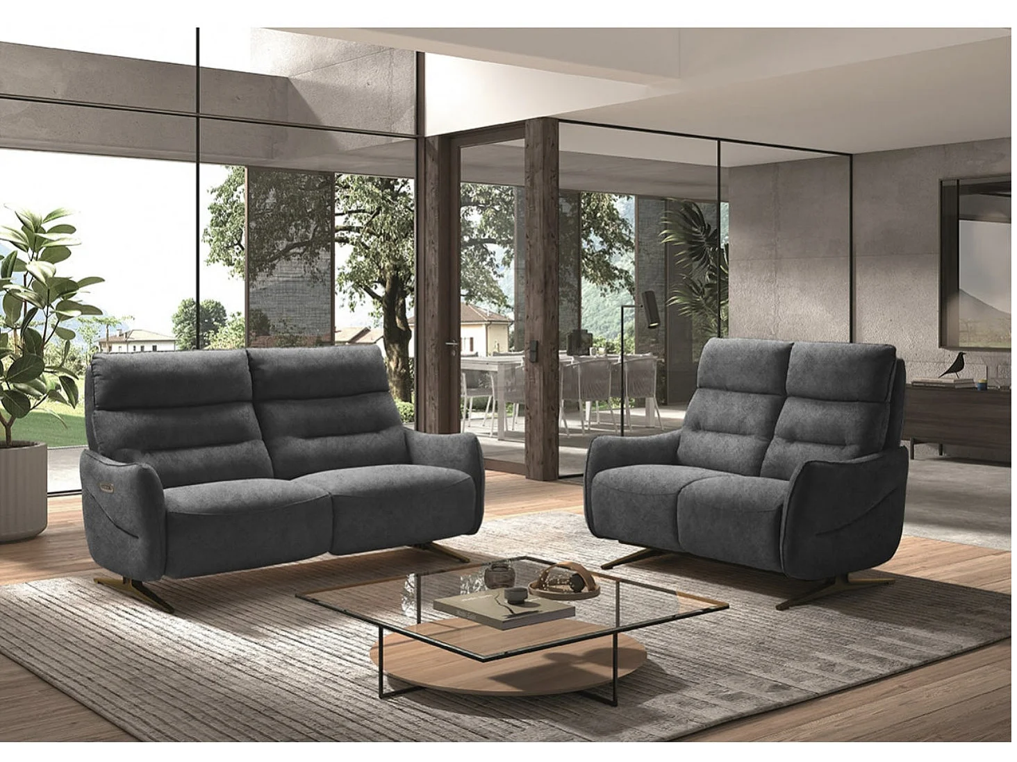 Sofá reclinable de microfibra Kondonia-Gris-Sistema Eléctrico-3 plazas