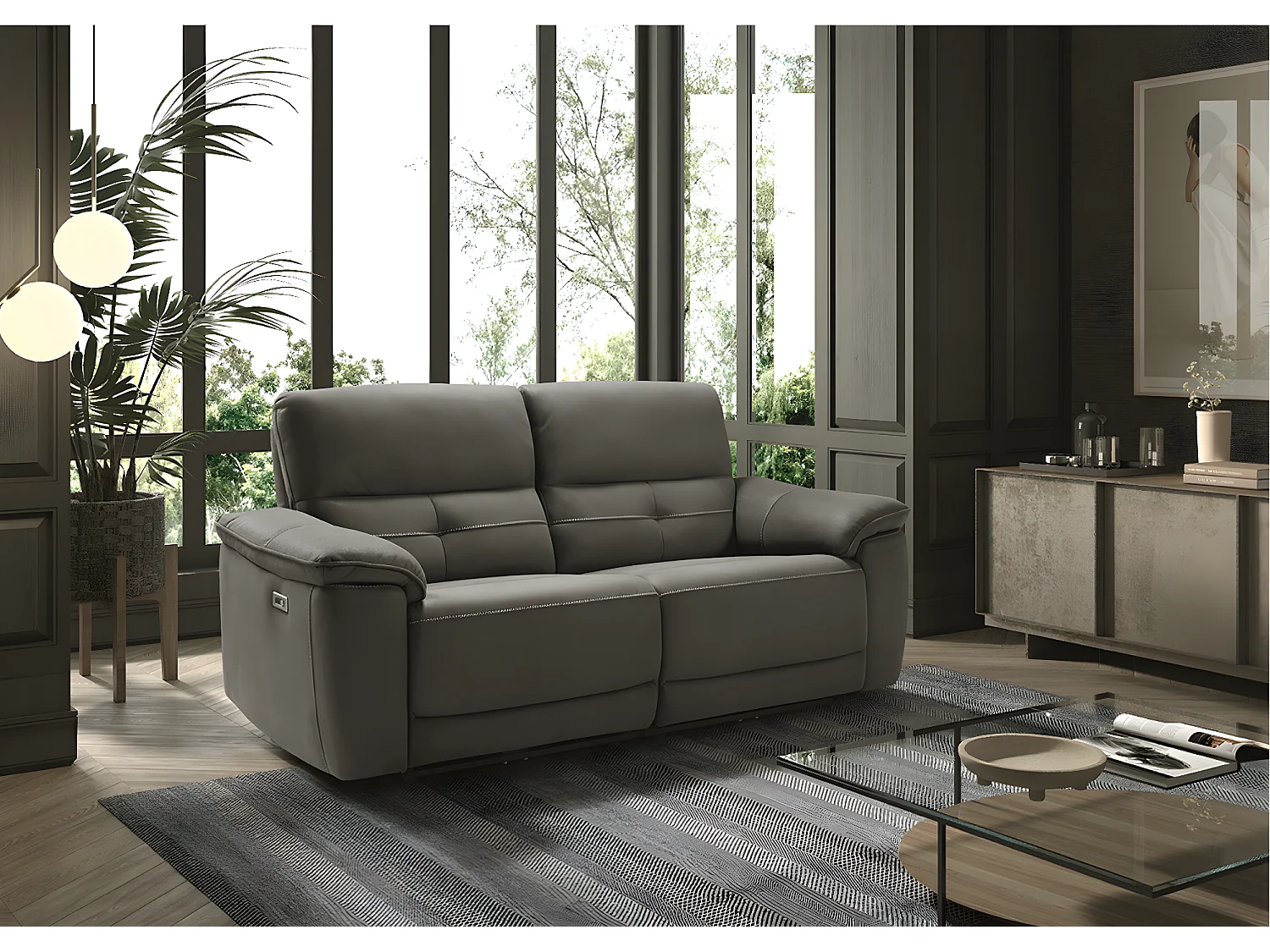 Canapé de relaxation électrique en microfibre Kleman-Couleur Gris foncé-2 places fixe