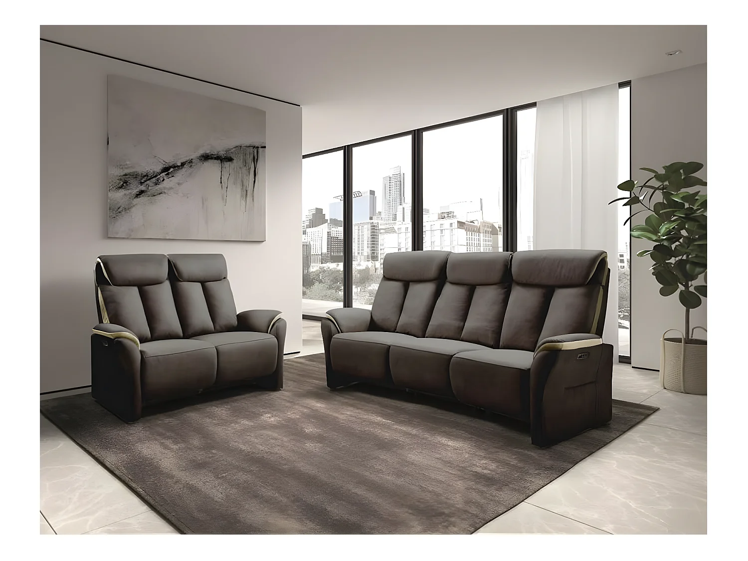 Canapé de relaxation en nubuck Kondort-Gris foncé-3 places relax électrique