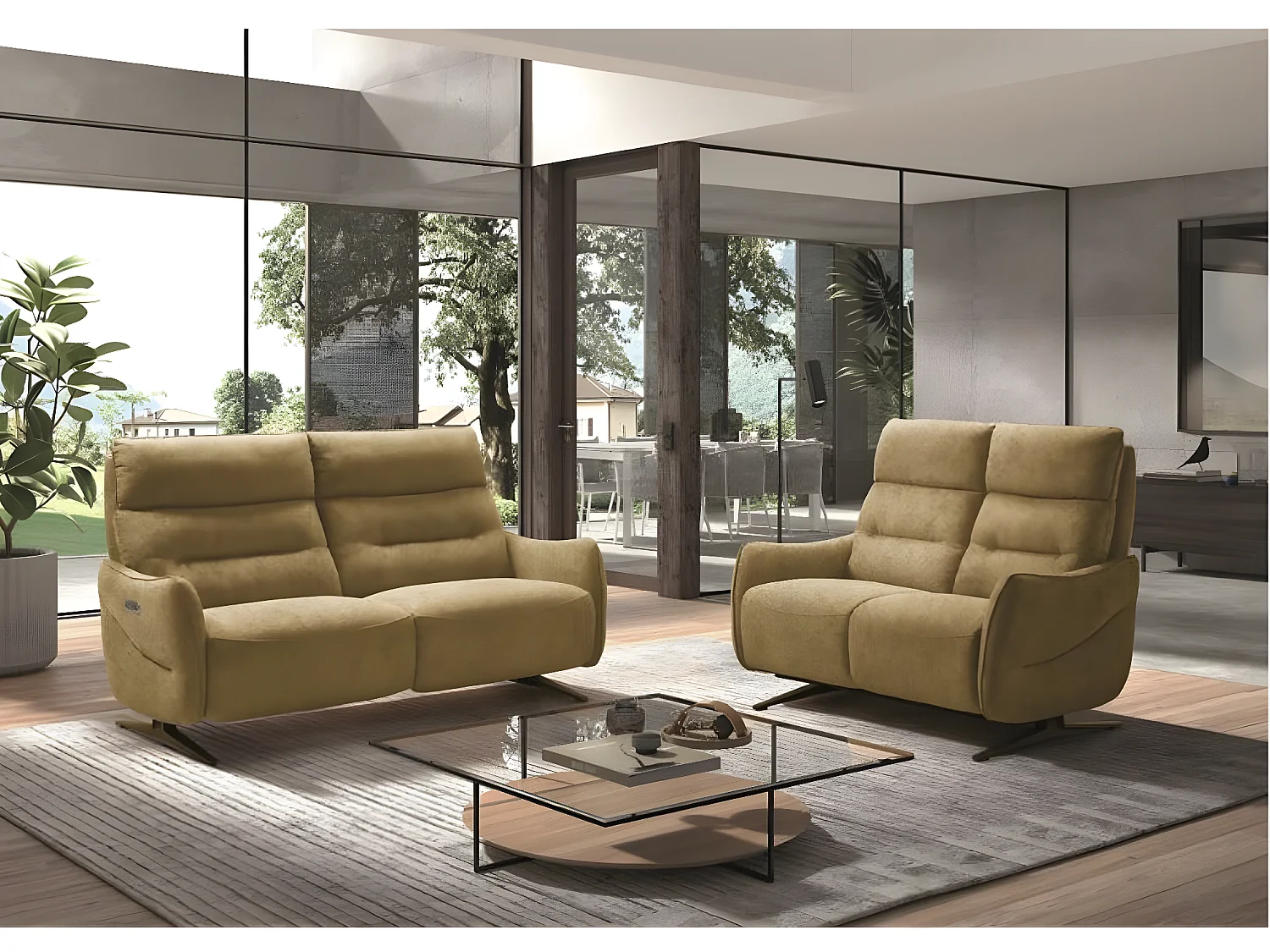 Canapé de relaxation en microfibre Kondonia-Couleur Bleu foncé-Système Fixe - sans relax-2 places