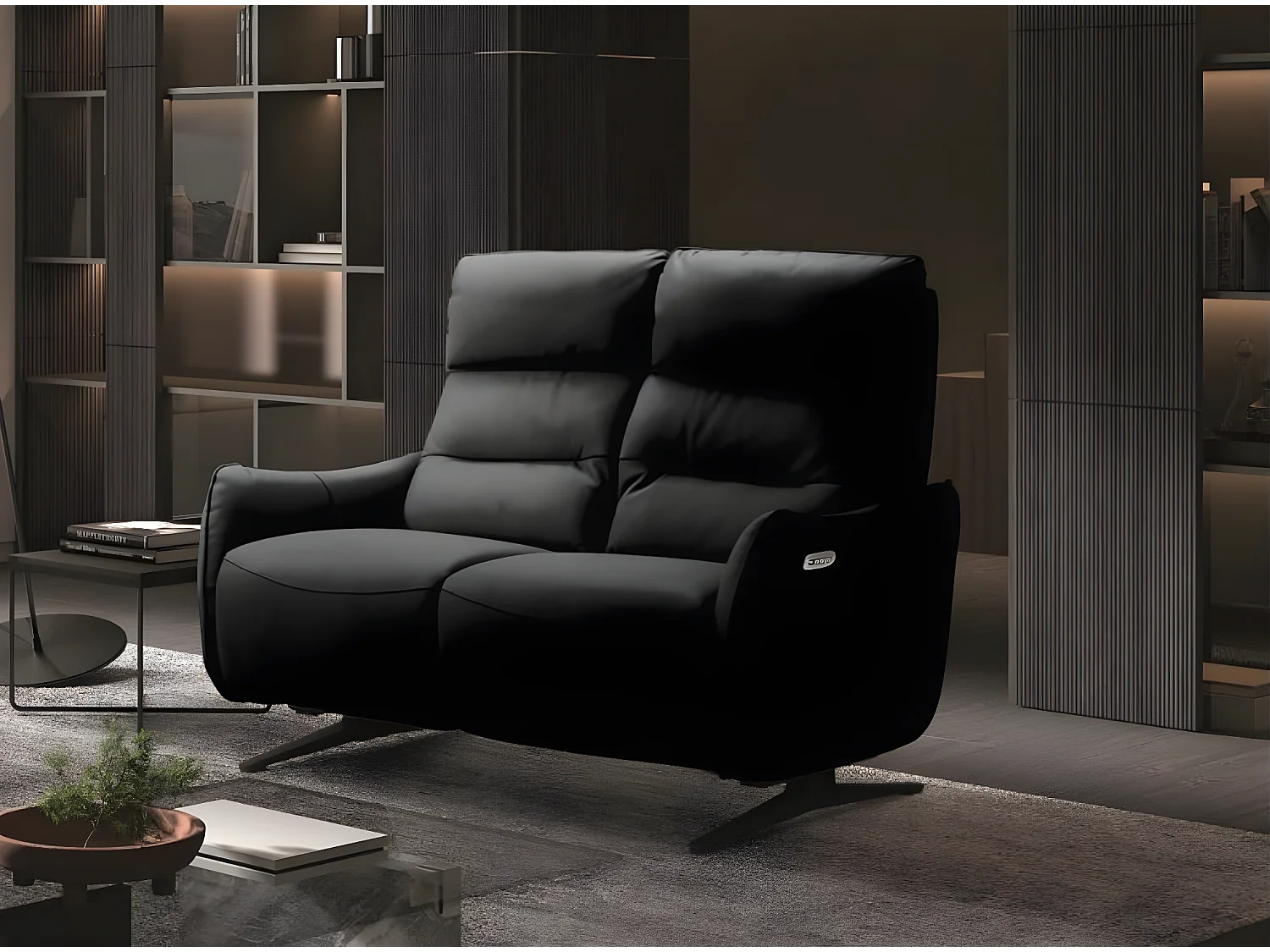 Canapé de relaxation en cuir Kondonia-Couleur Noir-Système Fixe - sans relax-2 places