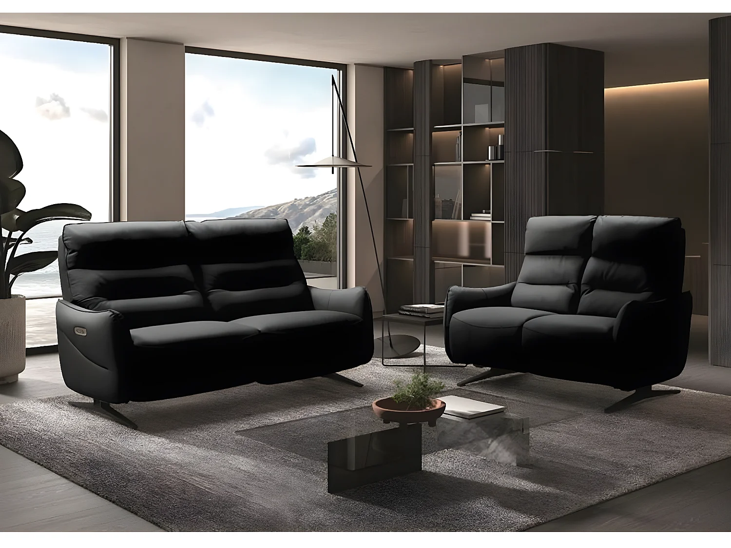 Canapé de relaxation en cuir Kondonia-Couleur Noir-Système Fixe - sans relax-2 places