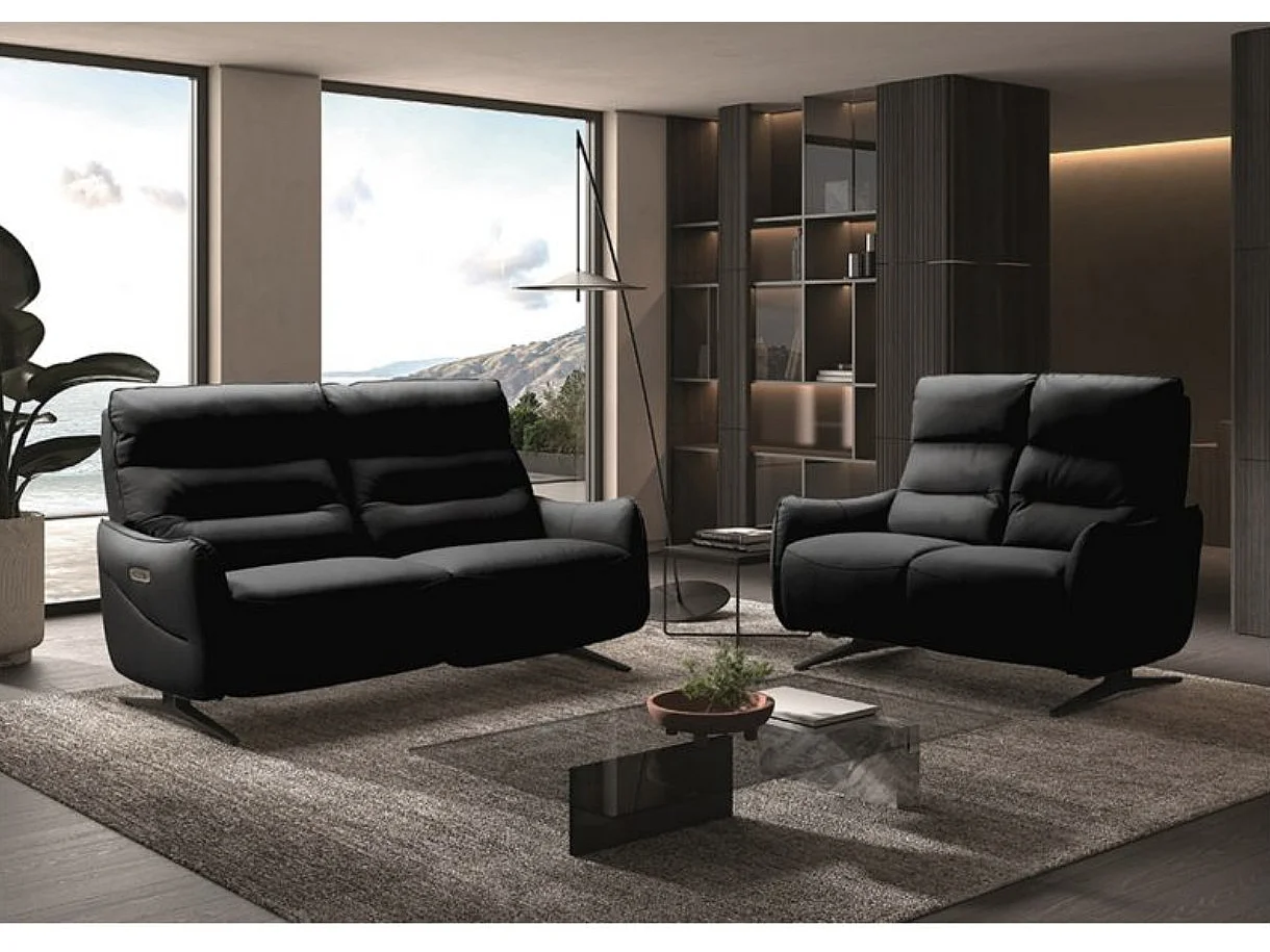 Canapé de relaxation en cuir Kondonia-Couleur Noir-Système Fixe - sans relax-2 places