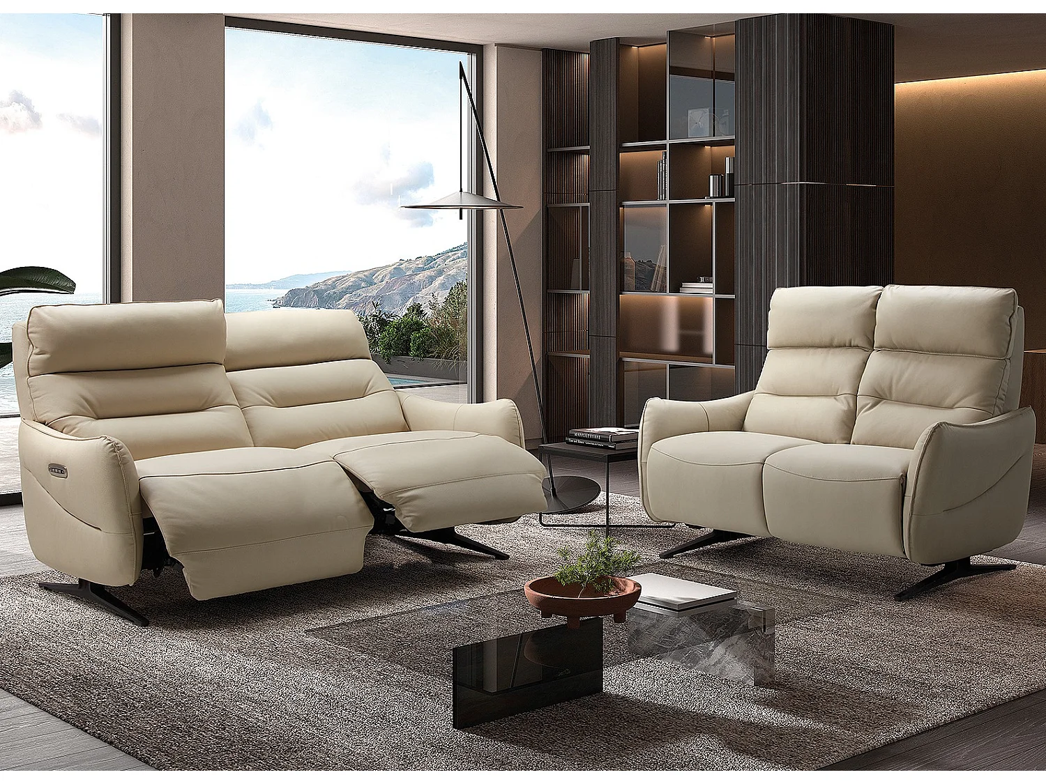 Canapé de relaxation en cuir Kondonia-Couleur Noir-Système Fixe - sans relax-2 places