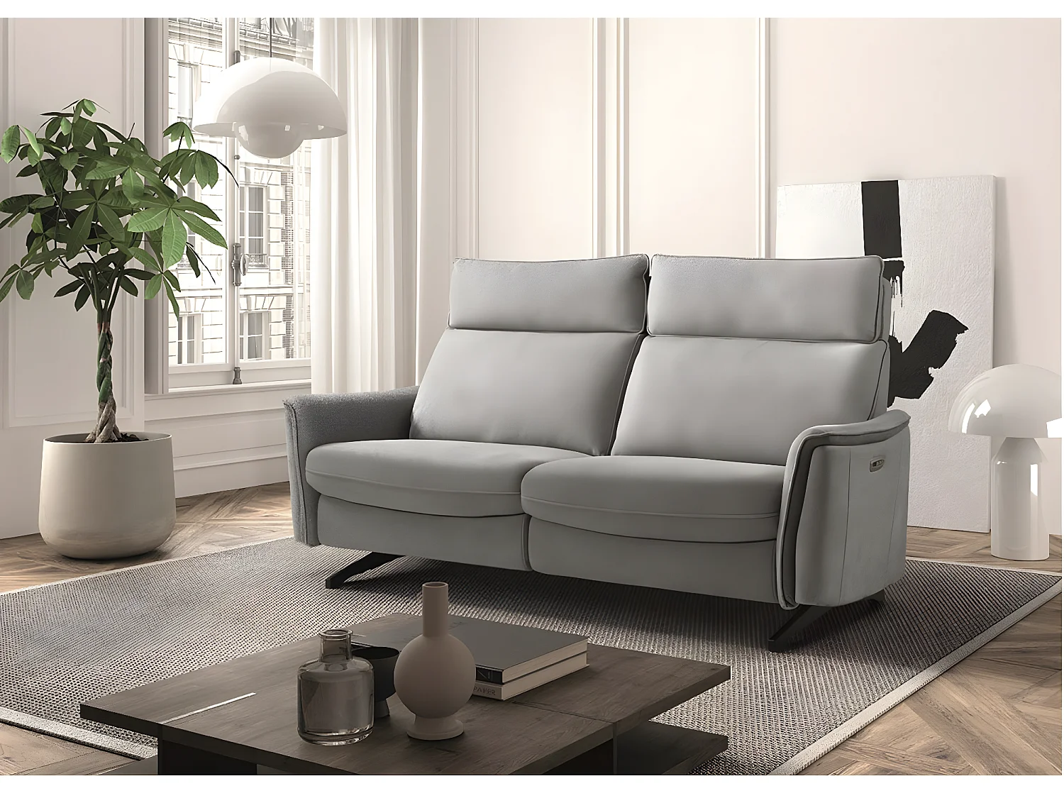 Canapé de relaxation tissu chiné Riloza-Gris clair-3 places relax électrique