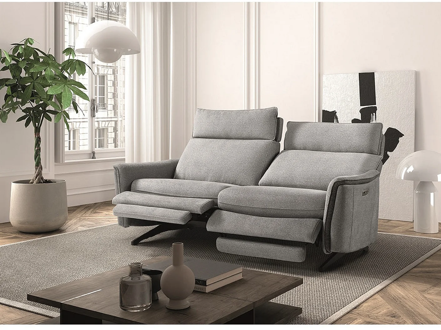 Canapé de relaxation tissu chiné Riloza-Gris clair-3 places relax électrique