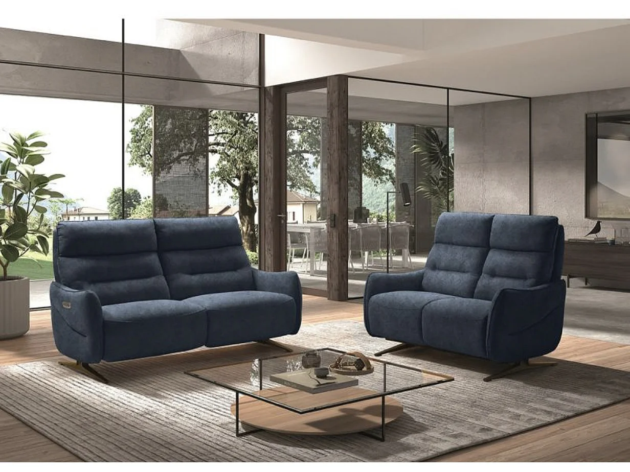 Sofá reclinable de microfibra Kondonia-Azul oscuro-Sistema Eléctrico-3 plazas