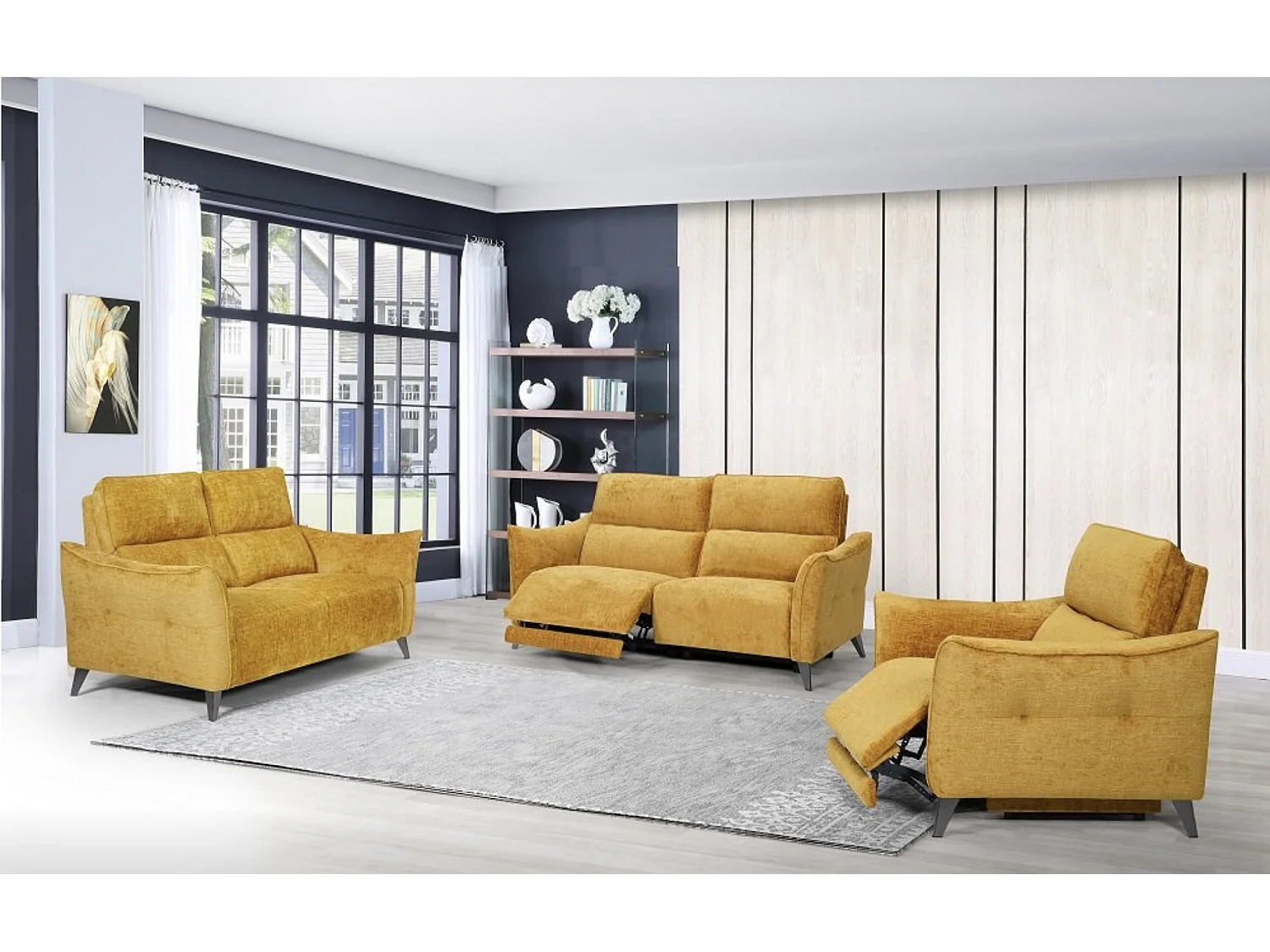 Canapé de relaxation électrique tissu chenillé doux et moelleux Bakay-Couleur Jaune curry-2 places fixe