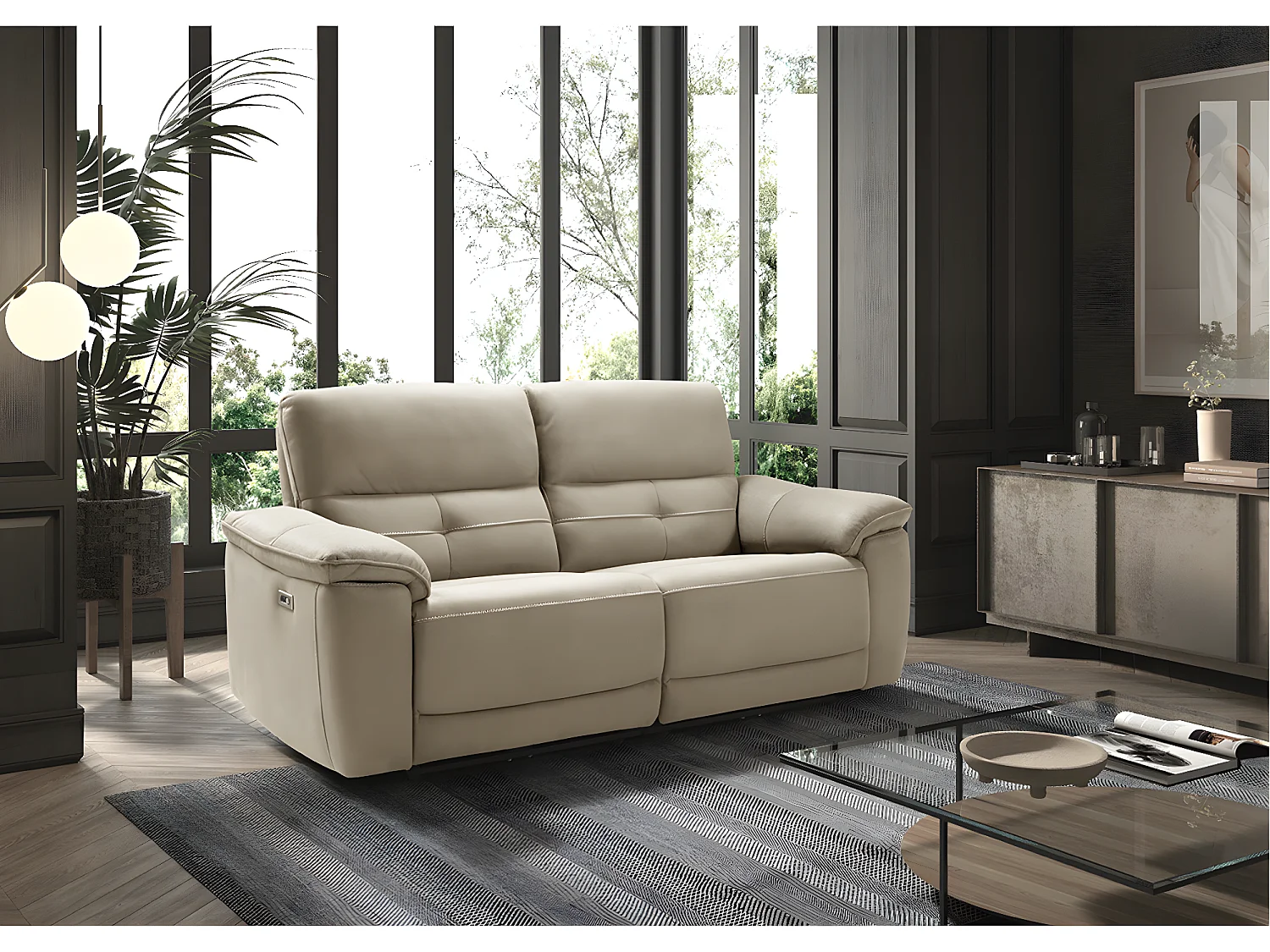 Canapé de relaxation électrique en microfibre Kleman-Couleur Beige-2 places fixe