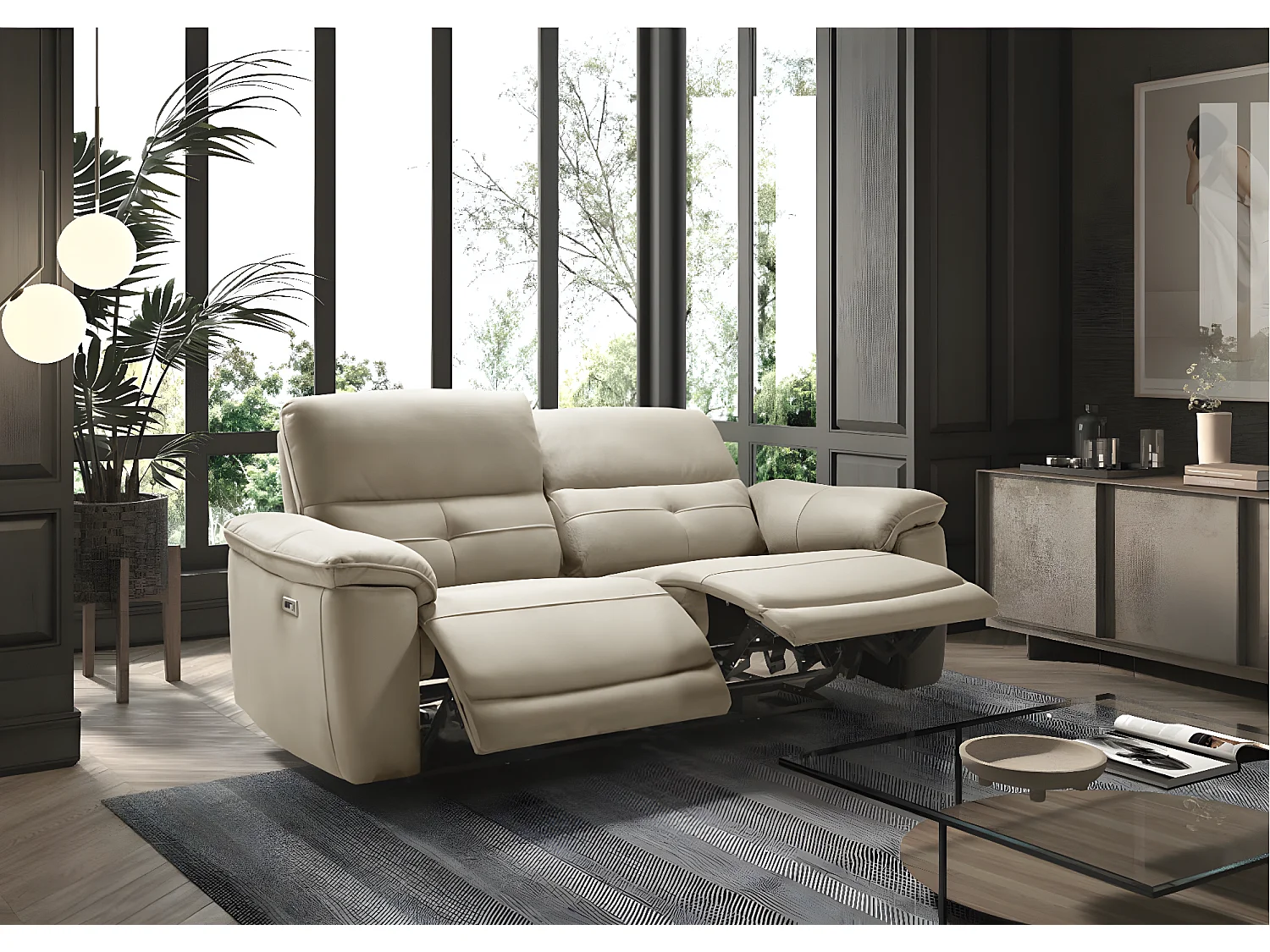 Canapé de relaxation électrique en microfibre Kleman-Couleur Beige-4 places relax électrique