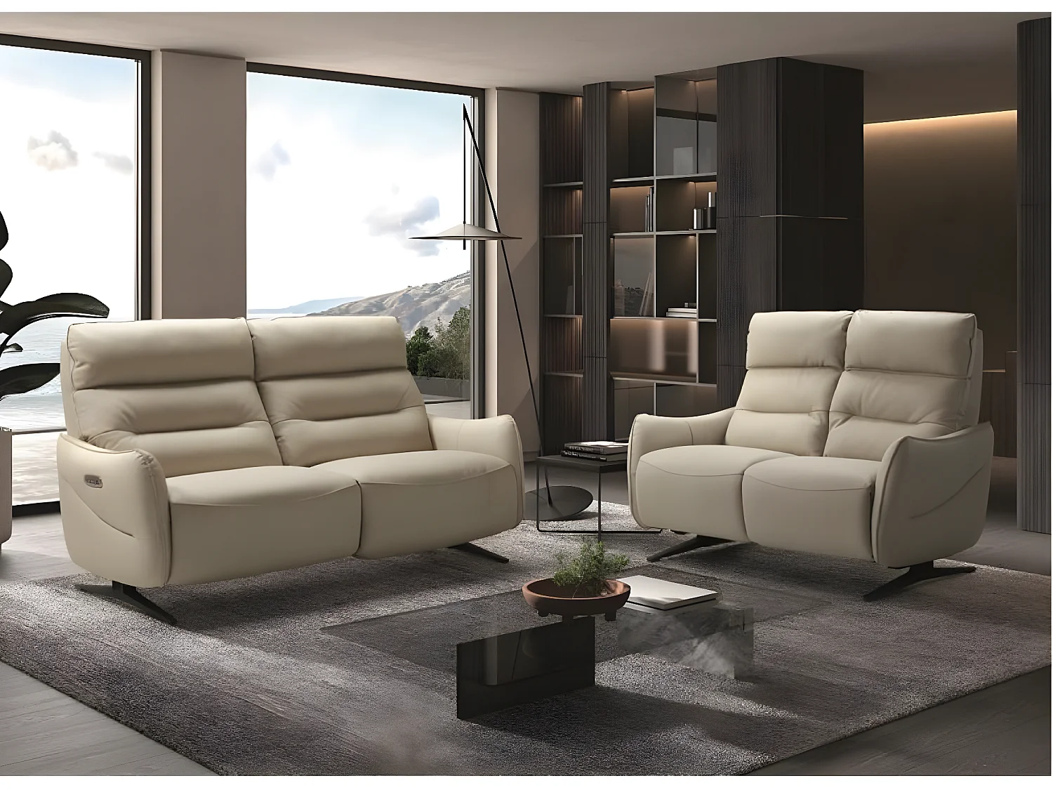 Canapé de relaxation en cuir Kondonia-Couleur Beige-Système Fixe - sans relax-2 places