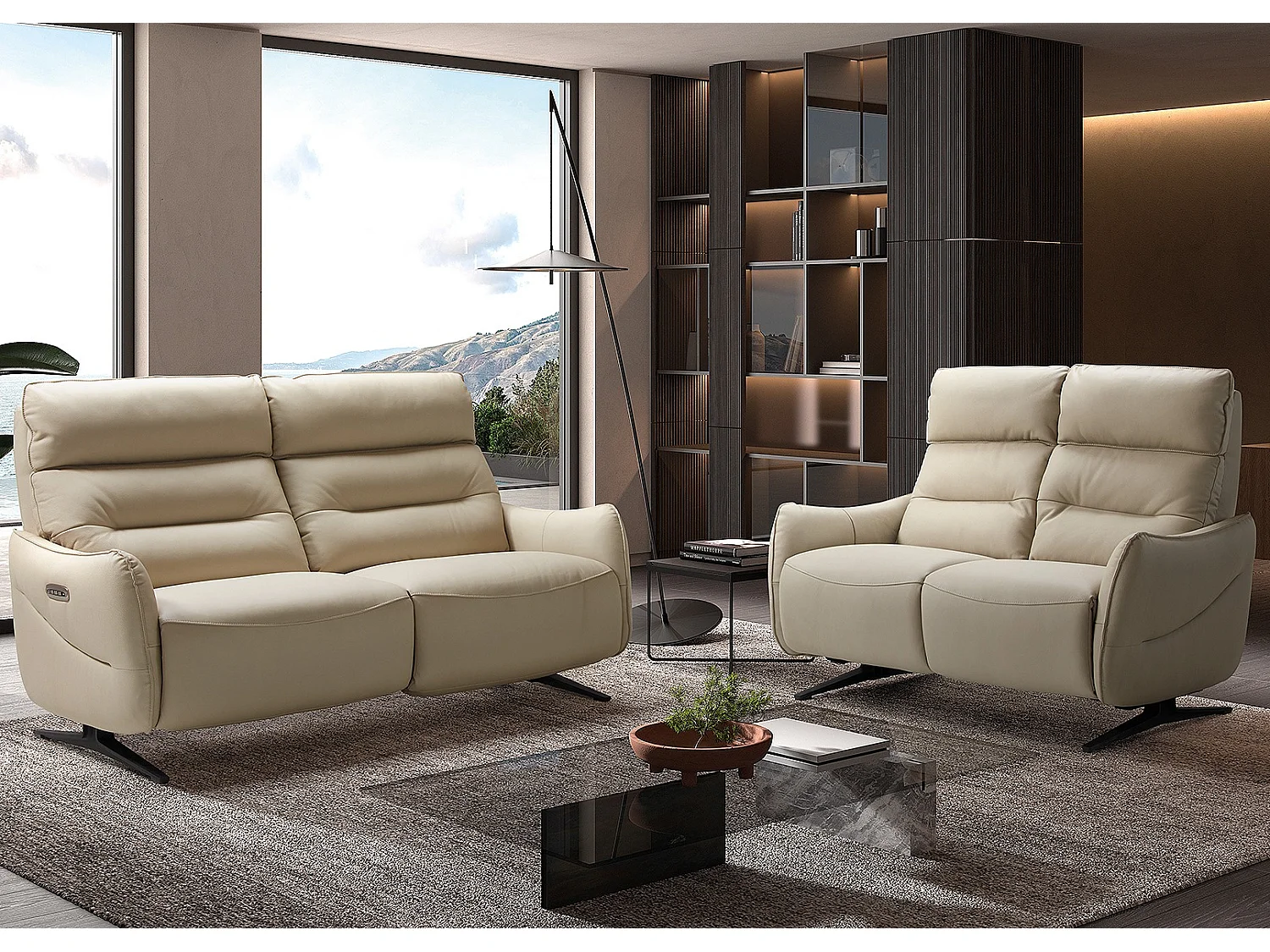 Canapé de relaxation en cuir Kondonia-Couleur Beige-Système Fixe - sans relax-2 places