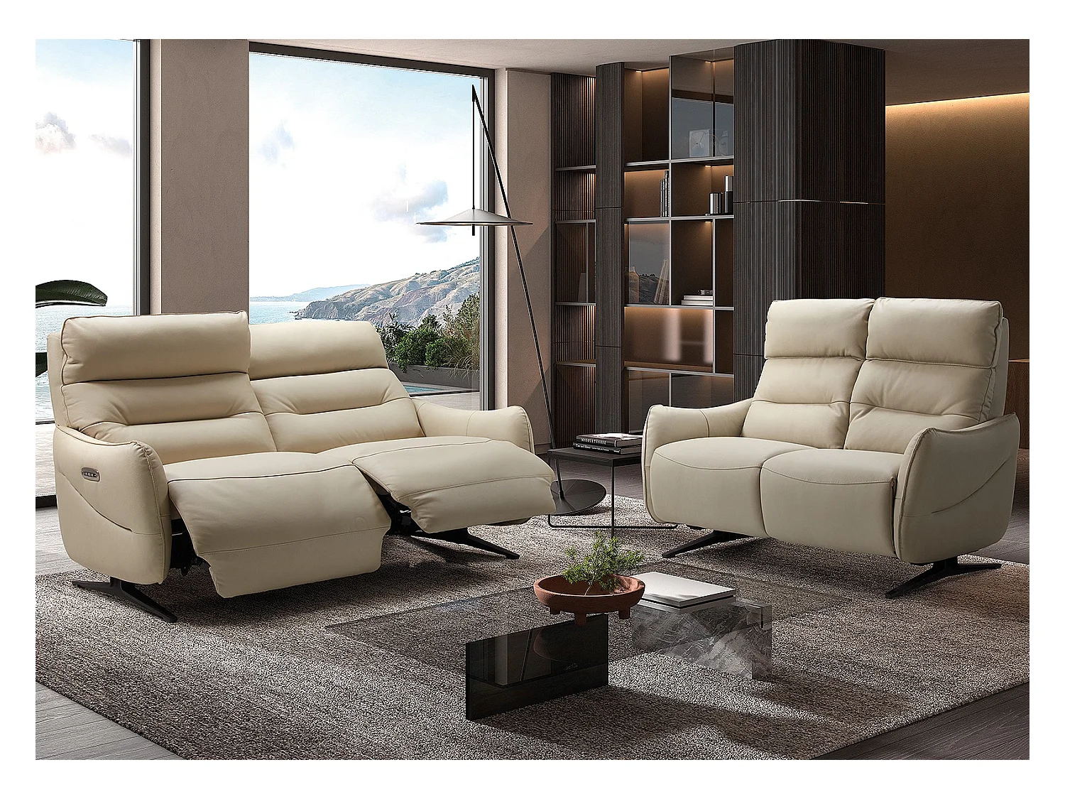 Kondonia leren relaxbank-Kleur Beige-Systeem Vast - zonder ontspanning-Aantal plaatsen) 2 zitplaatsen