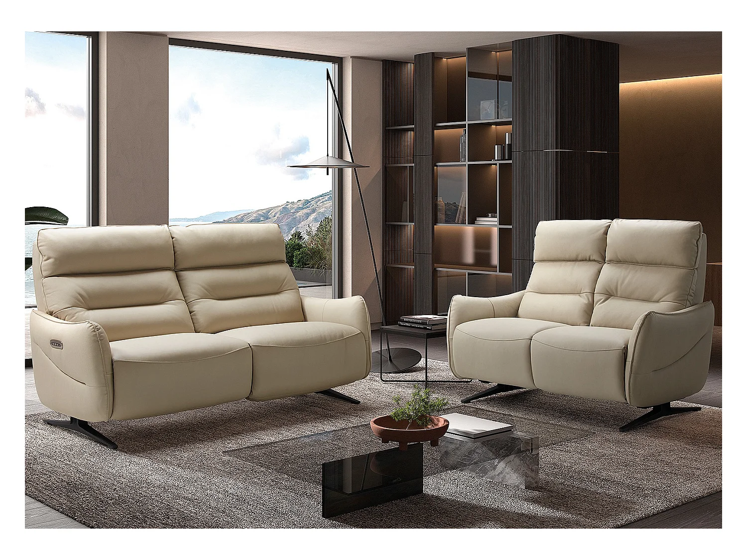 Kondonia leren relaxbank-Kleur Beige-Systeem Vast - zonder ontspanning-Aantal plaatsen) 2 zitplaatsen