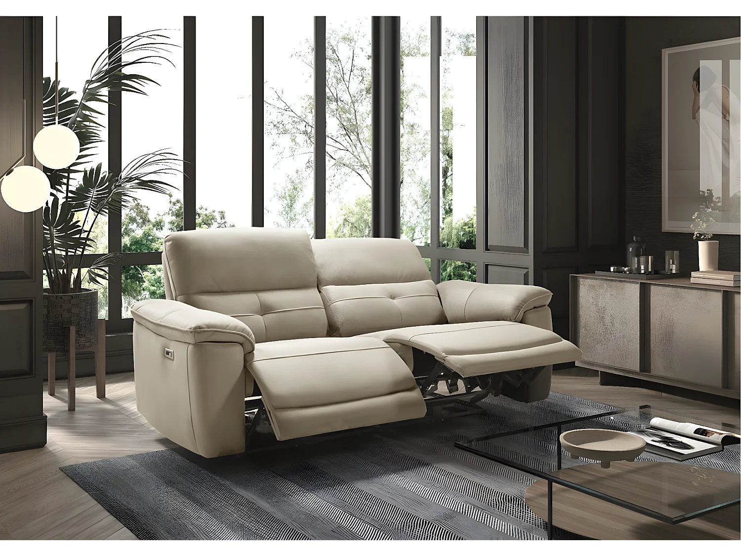 Canapé de relaxation électrique en microfibre Kleman-Couleur Beige-3 places relax électrique