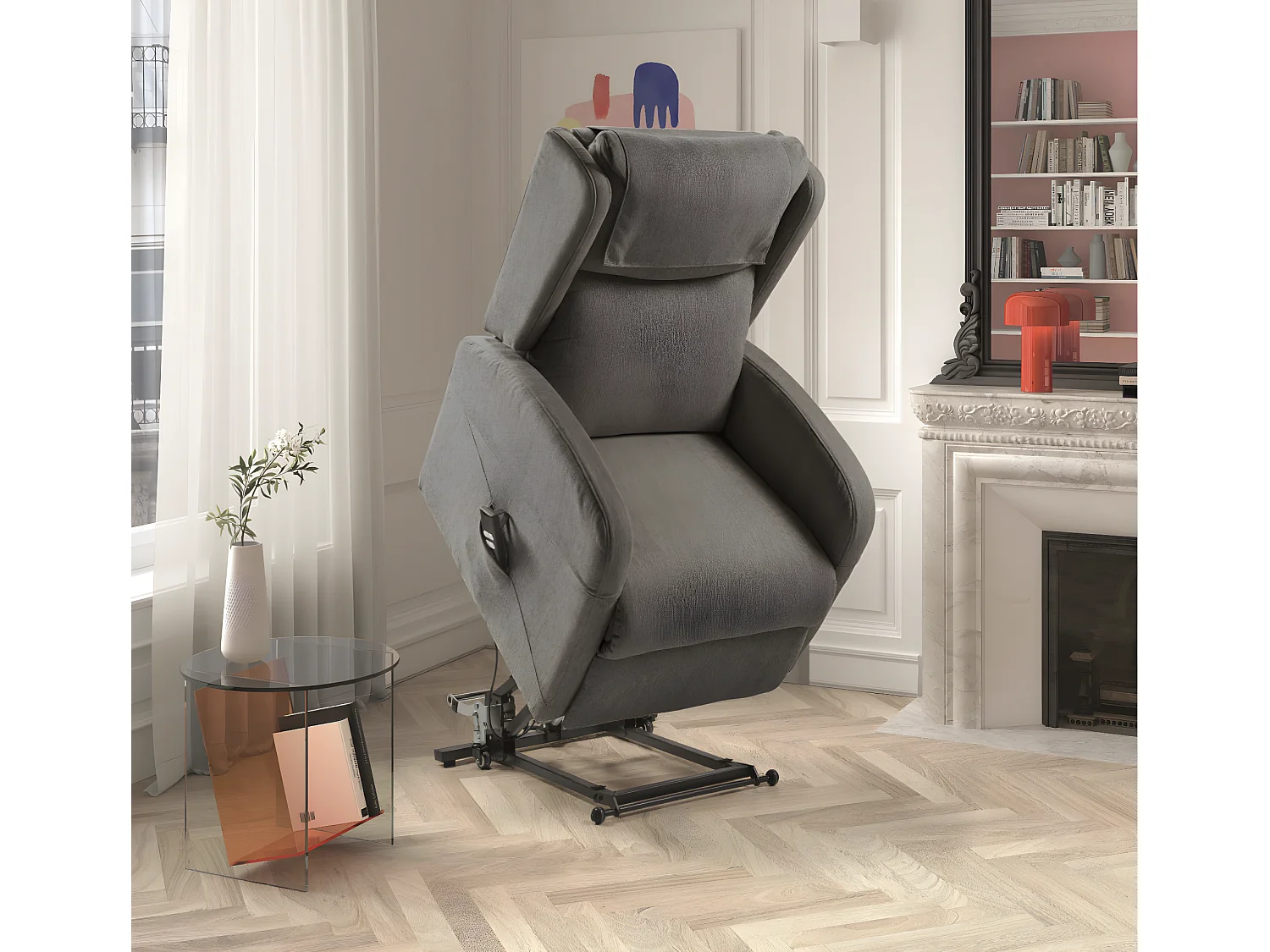 Fauteuil sur roulettes de relaxation et releveur électrique 2 moteurs tissu Vikola-Couleur Gris foncé