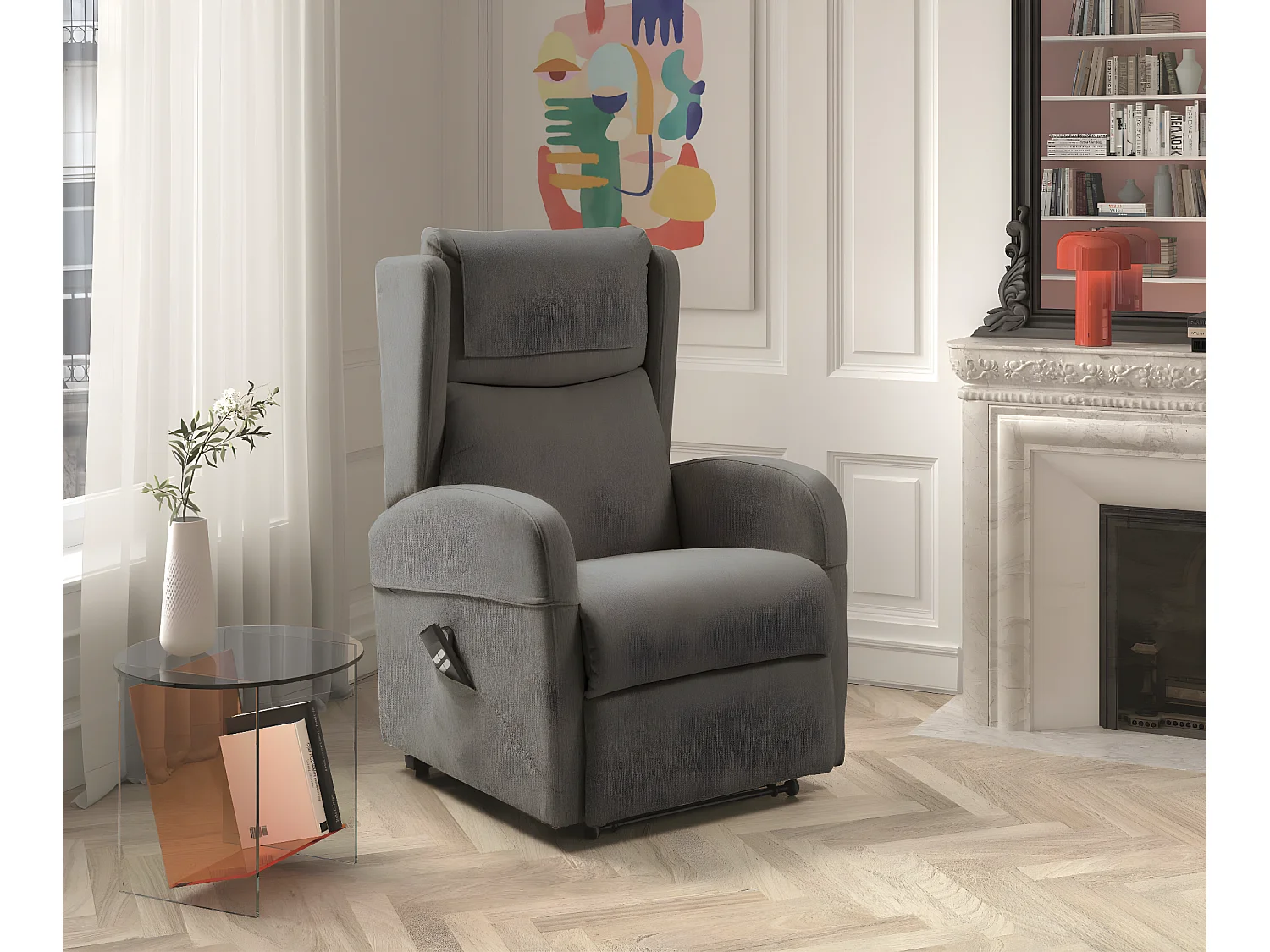 Fauteuil sur roulettes de relaxation et releveur électrique 2 moteurs tissu Vikola-Couleur Gris foncé