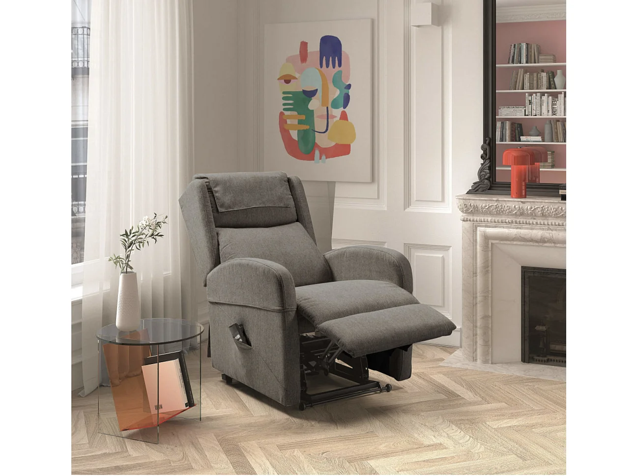 Fauteuil sur roulettes de relaxation et releveur électrique 2 moteurs tissu Vikola-Couleur Gris foncé