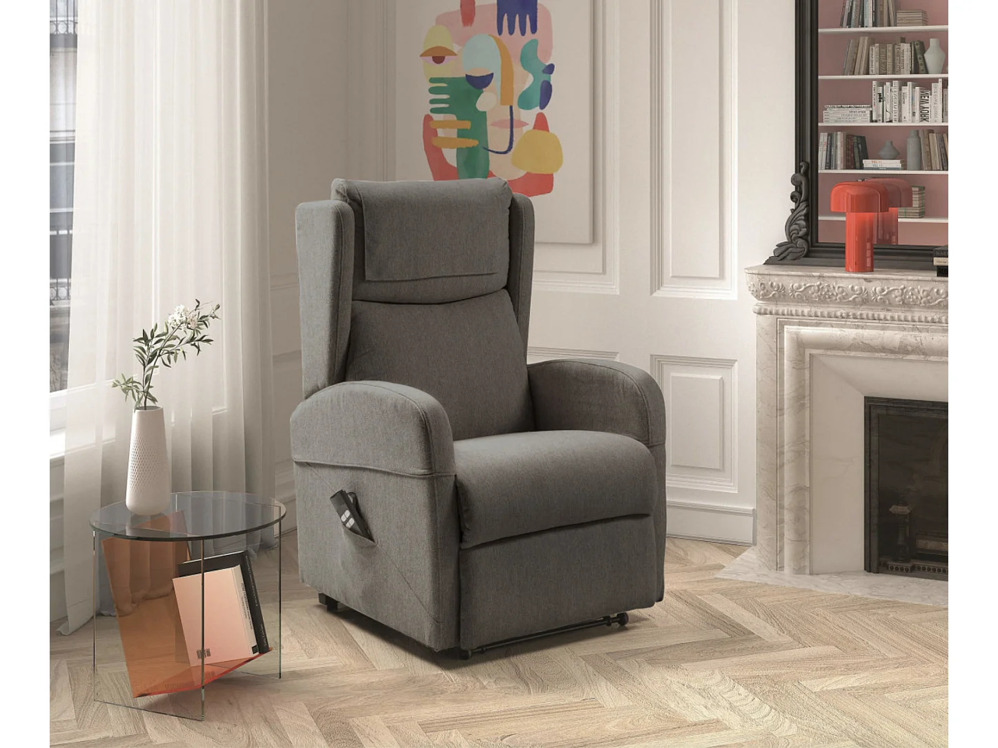 Fauteuil sur roulettes de relaxation et releveur électrique 2 moteurs tissu Vikola-Couleur Gris foncé