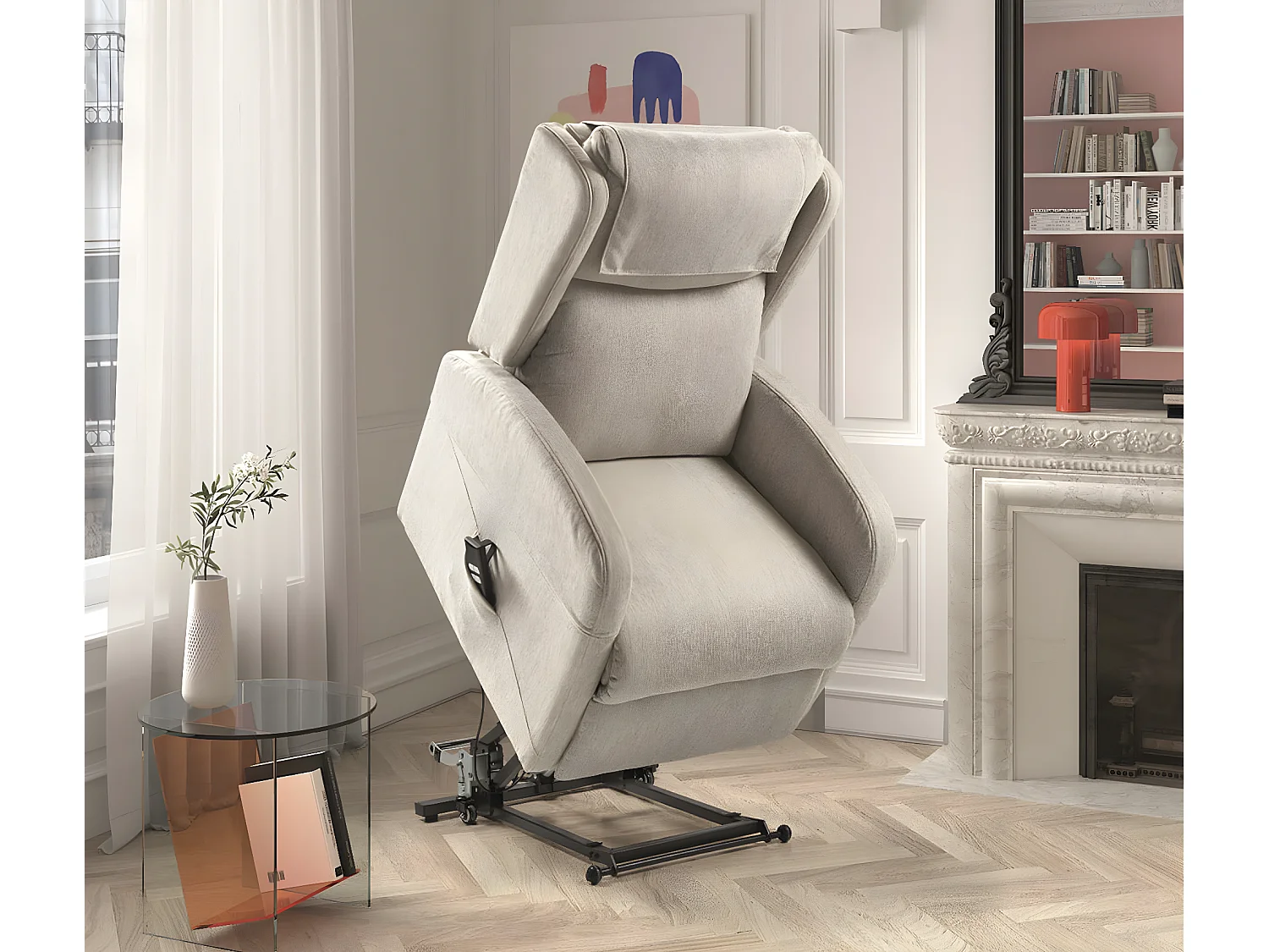Fauteuil sur roulettes de relaxation et releveur électrique 2 moteurs tissu Vikola-Couleur Beige clair